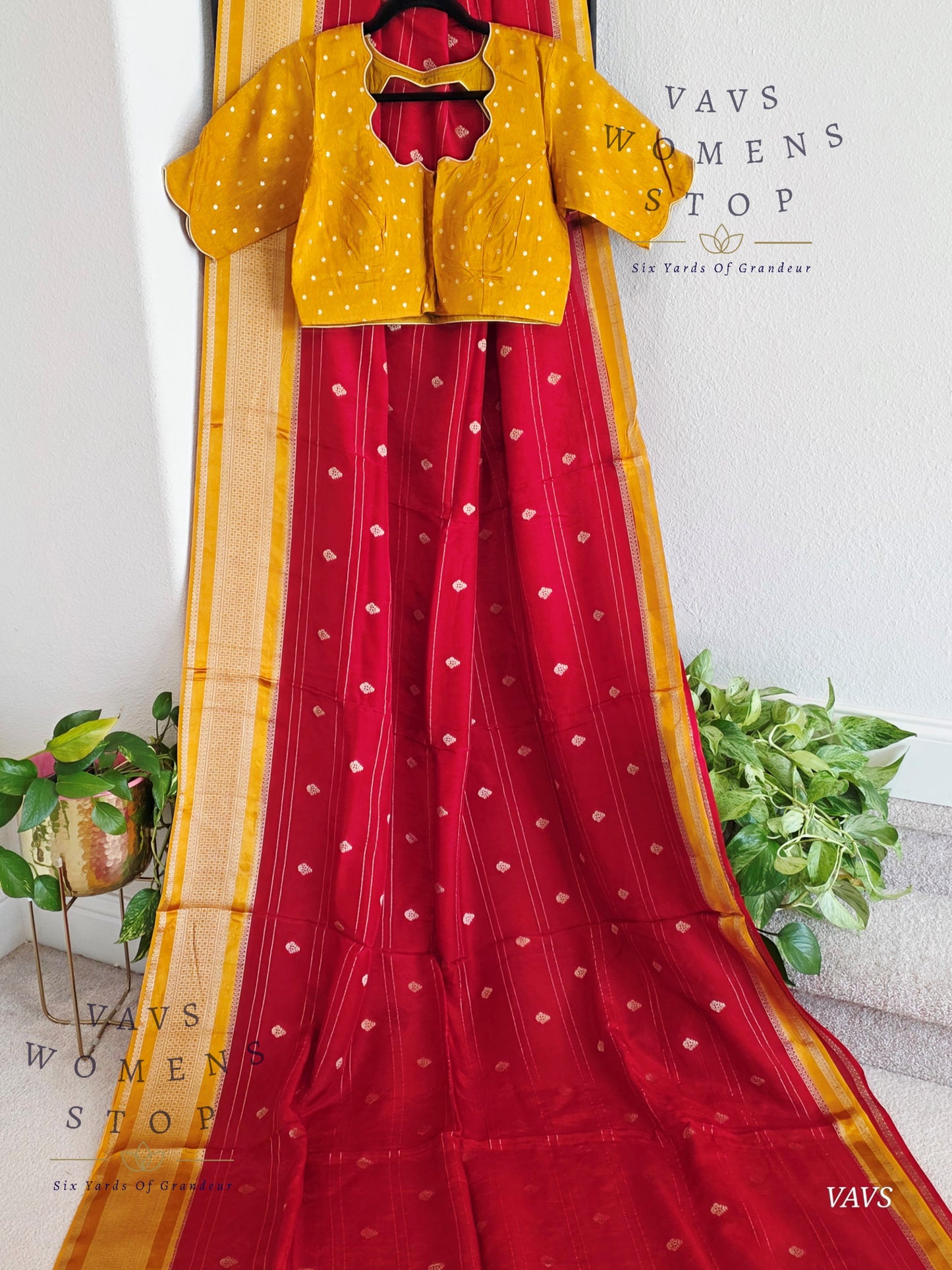 Dola Crepe Silk Saree – Red & Mustard Yellow Color Combination | Stitched Blouse Included