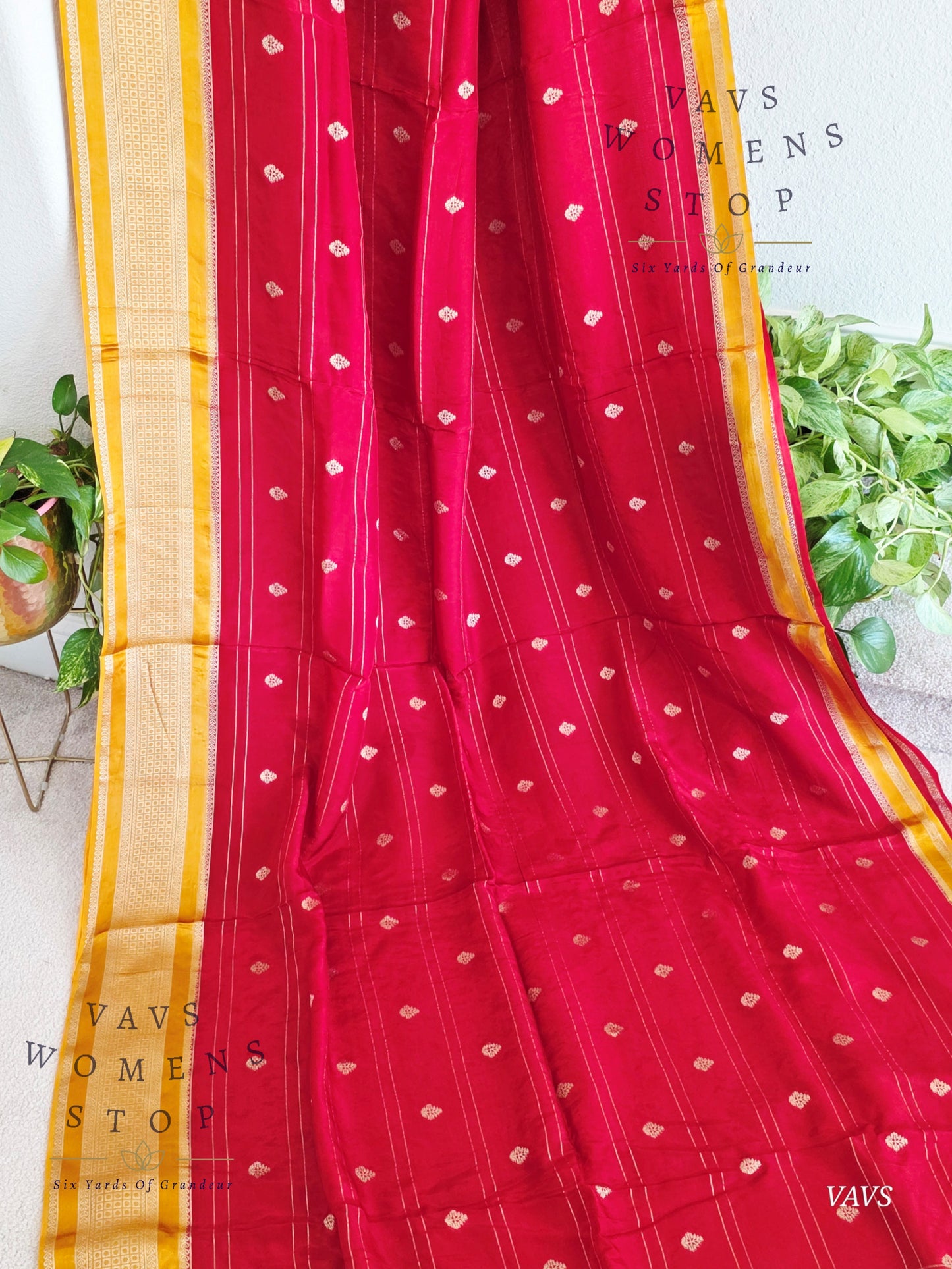 Dola Crepe Silk Saree – Red & Mustard Yellow Color Combination | Stitched Blouse Included