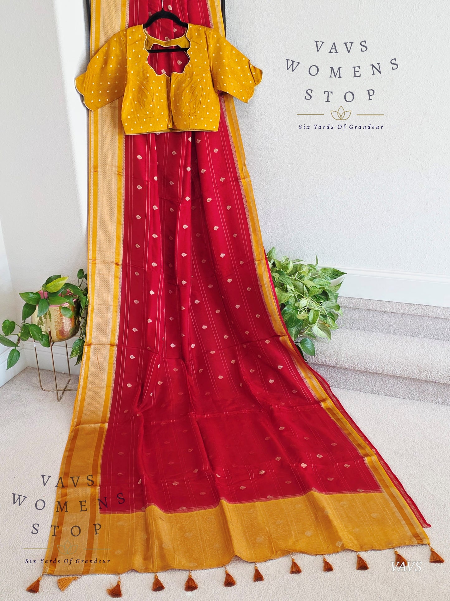 Dola Crepe Silk Saree – Red & Mustard Yellow Color Combination | Stitched Blouse Included