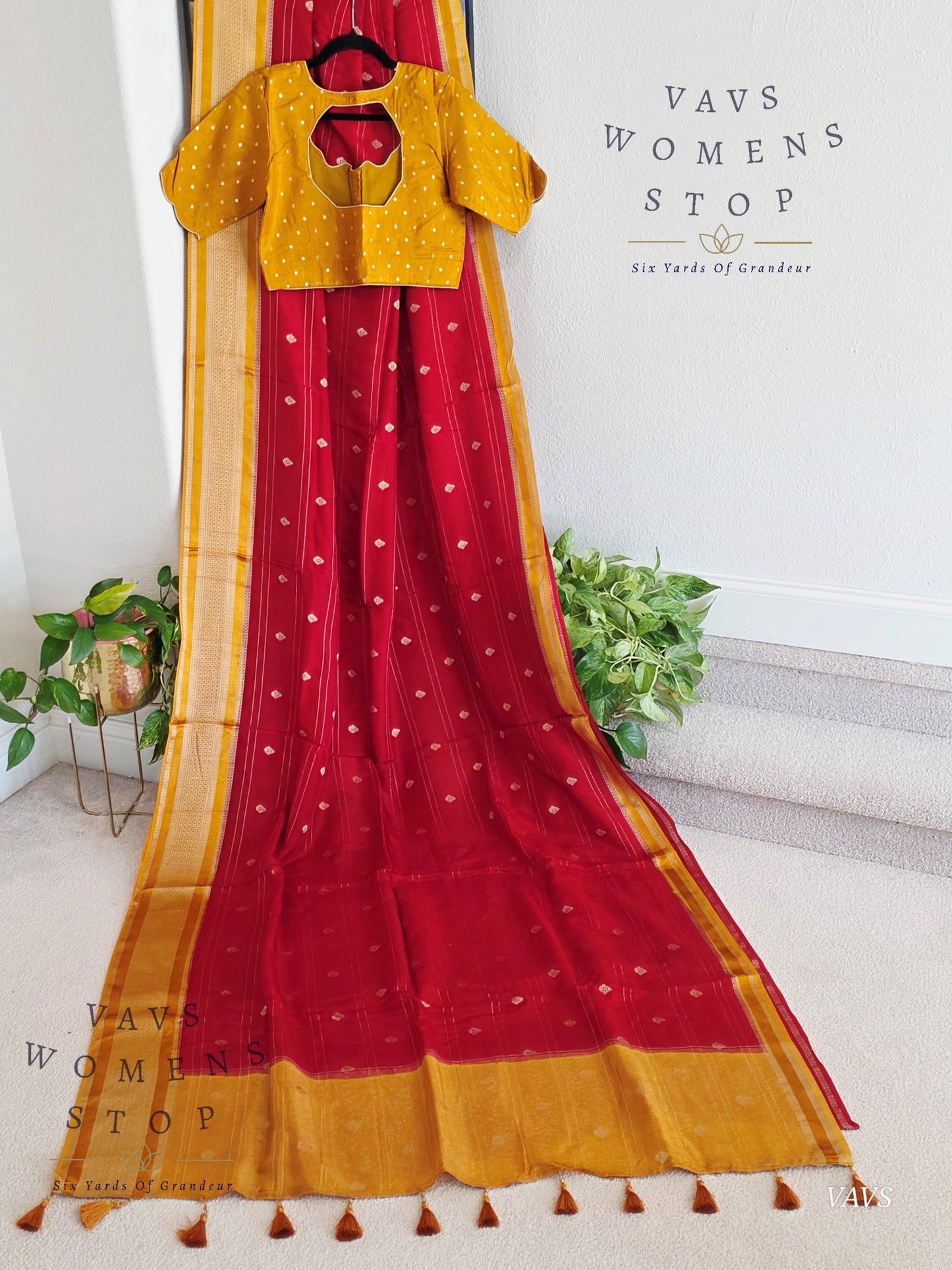 Dola Crepe Silk Saree – Red & Mustard Yellow Color Combination | Stitched Blouse Included