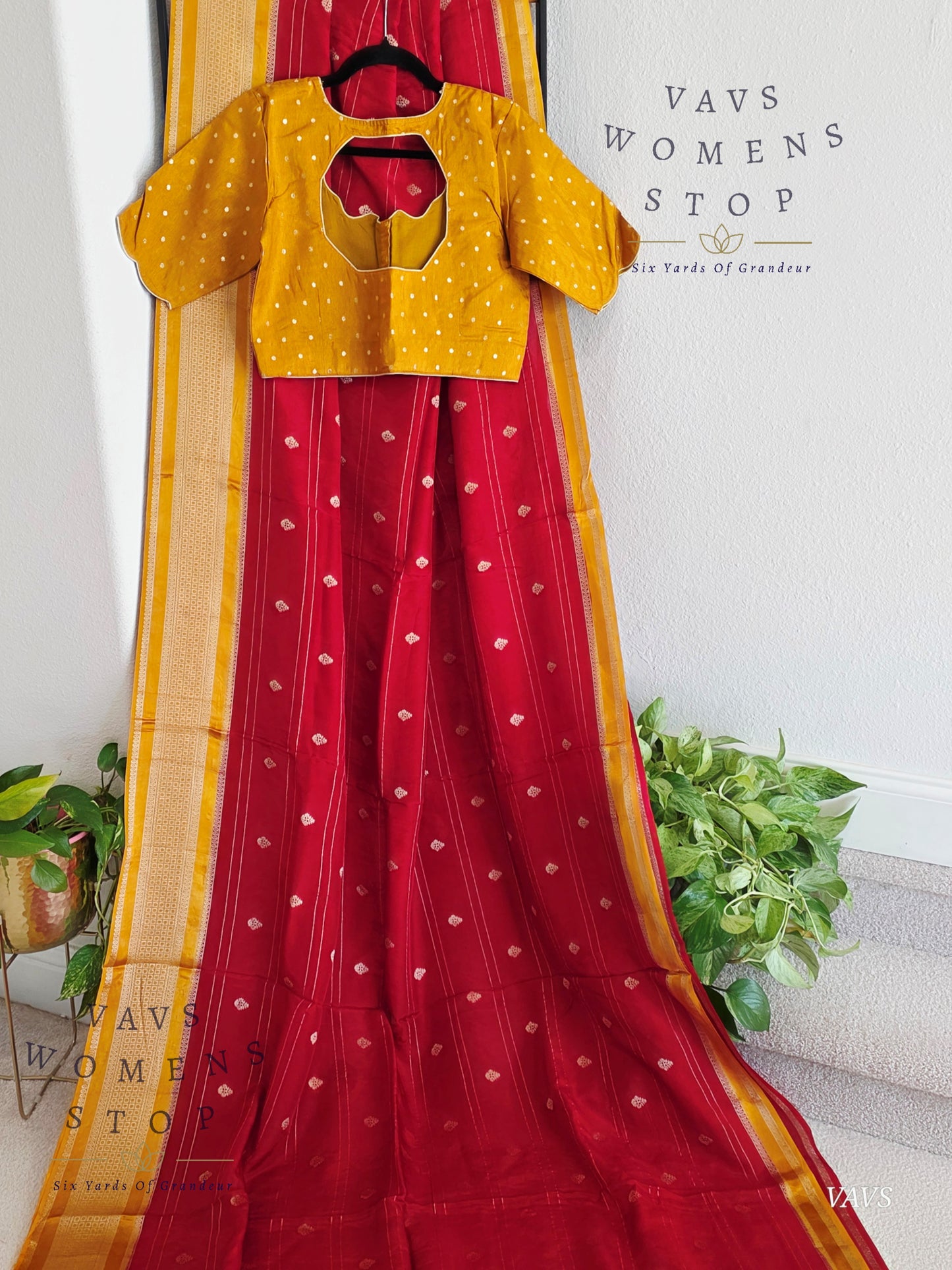 Dola Crepe Silk Saree – Red & Mustard Yellow Color Combination | Stitched Blouse Included