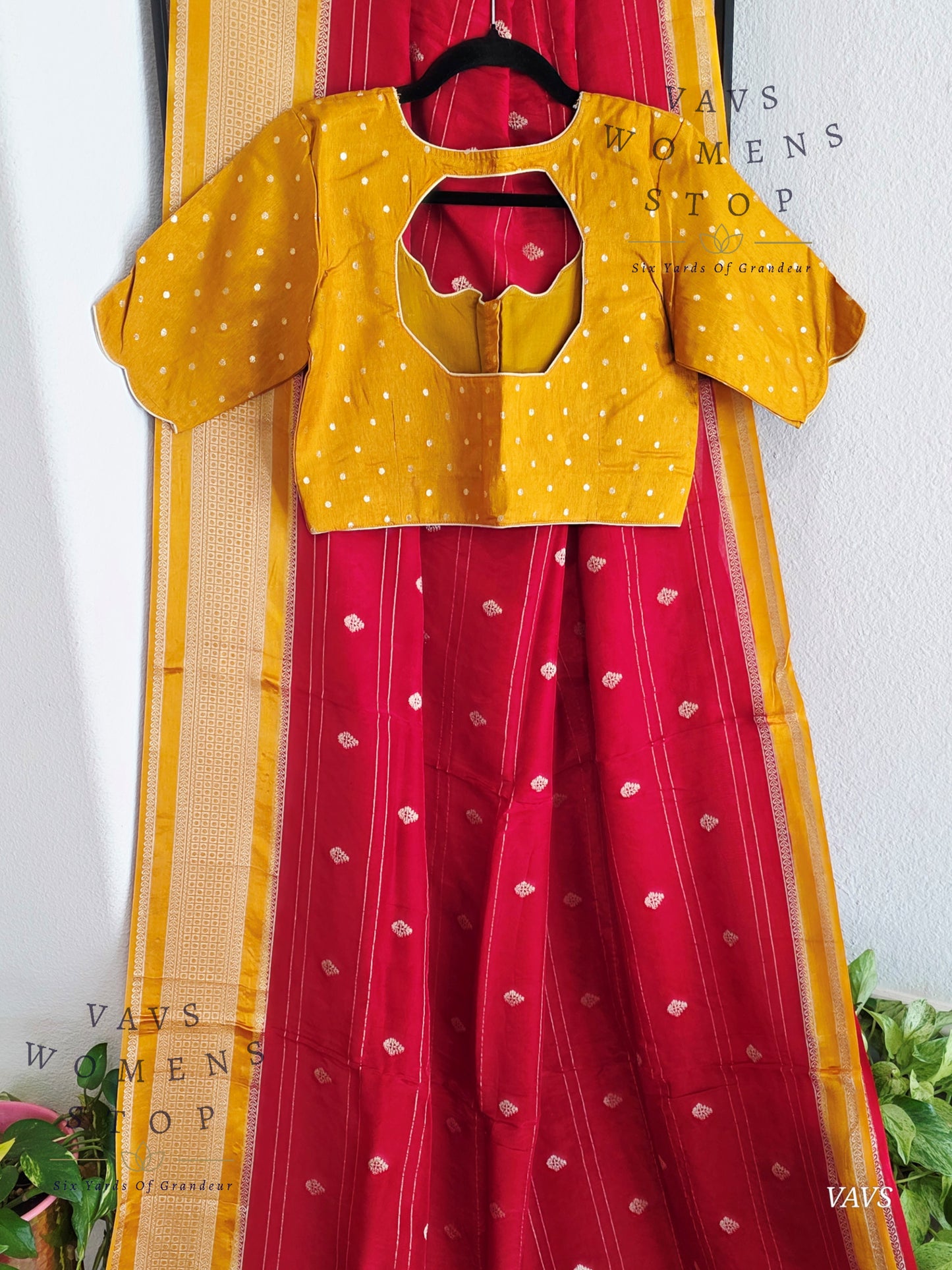 Dola Crepe Silk Saree – Red & Mustard Yellow Color Combination | Stitched Blouse Included