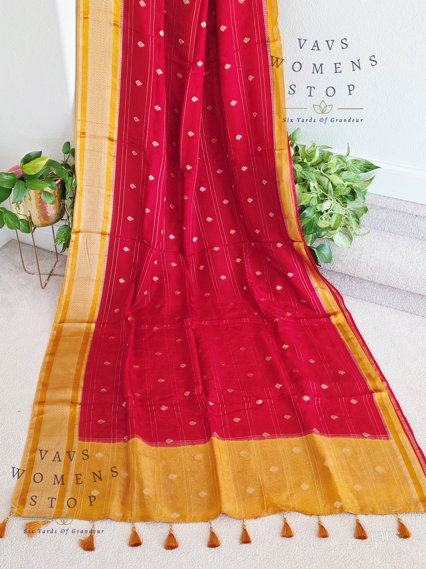 Dola Crepe Silk Saree – Red & Mustard Yellow Color Combination | Stitched Blouse Included