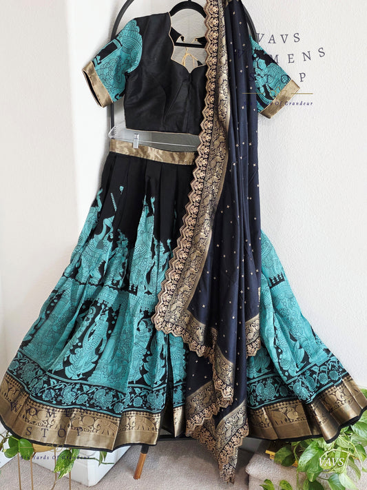 Kalamkari Print Soft Chanderi Linen Silk Half Saree Set – Cute Girls Figurine Butta | Munga Silk Cutwork Dupatta