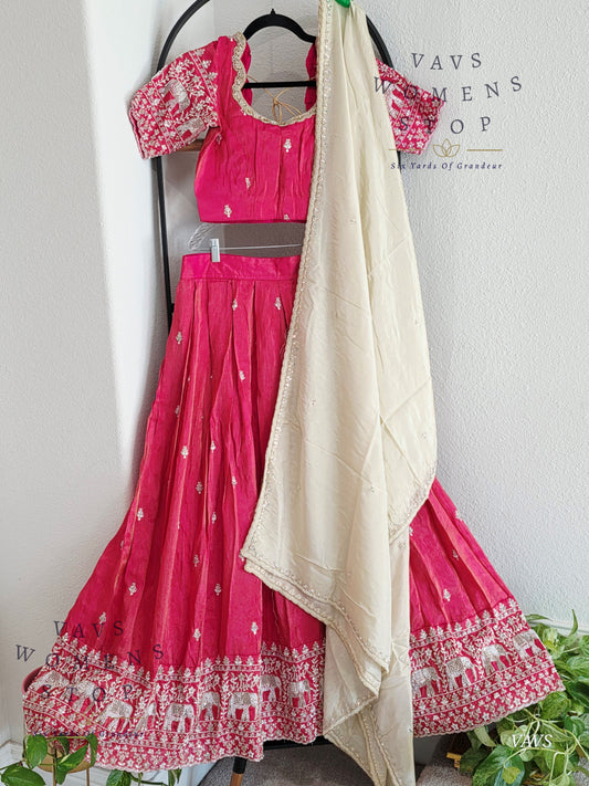 Exclusive Crepe Silk Fancy Tissue Lehenga Set – Pearl Work Embroidery & Scallop Border Dupatta