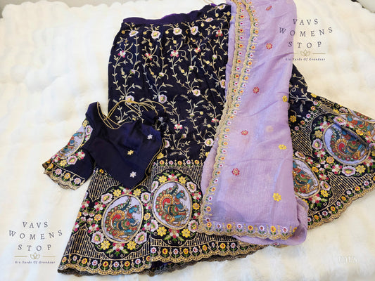 Purple Shade Designer Heavy Embroidery Lehenga Set with Peacock Applique Work | Can-Can Lined