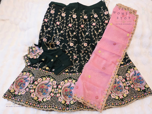 Bottle Green Shade Designer Heavy Embroidery Lehenga Set with Peacock Applique Work | Can-Can Lined | Suitable for Girls Ages 11+ Too