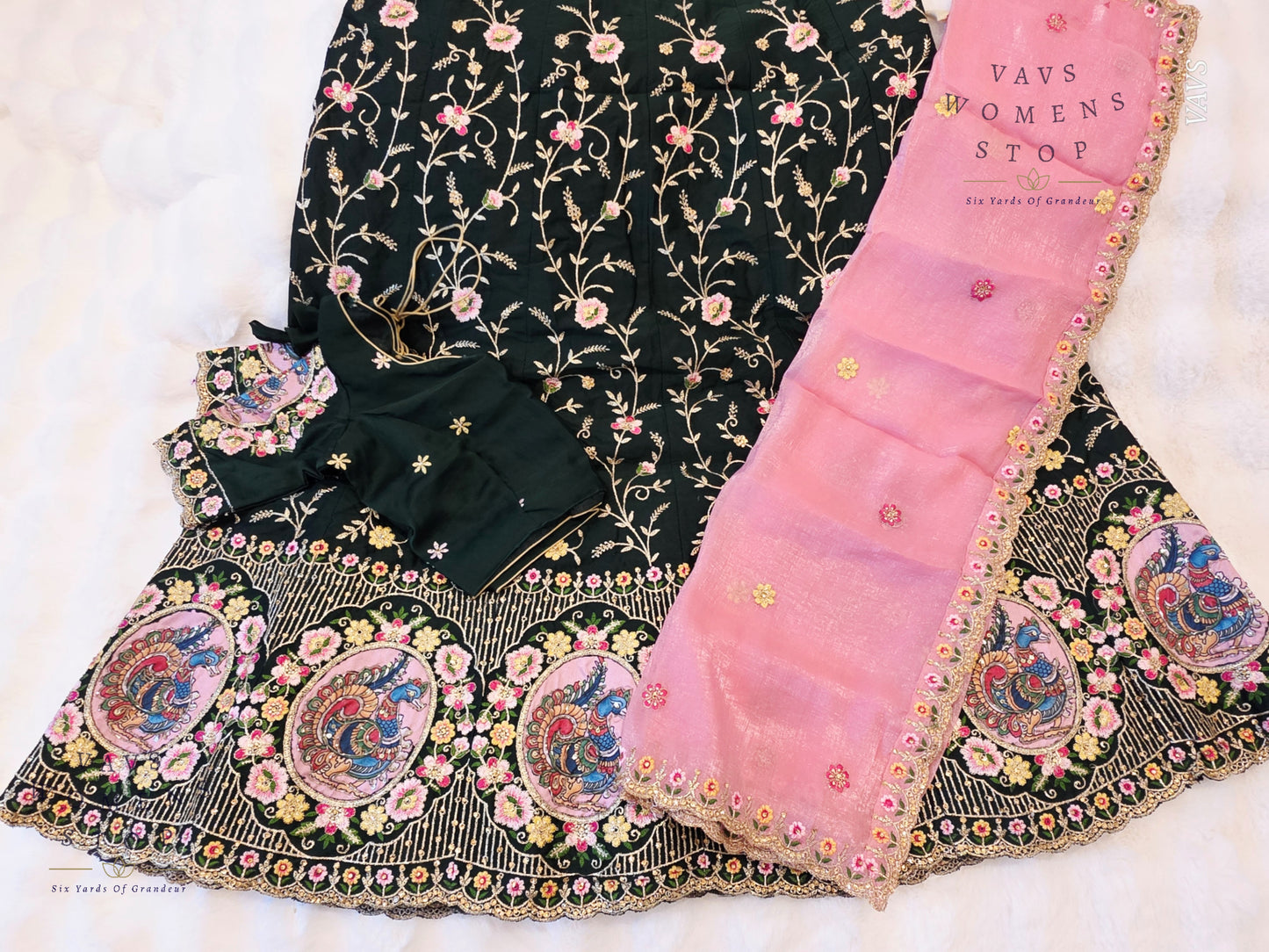 Bottle Green Shade Designer Heavy Embroidery Lehenga Set with Peacock Applique Work | Can-Can Lined | Suitable for Girls Ages 11+ Too