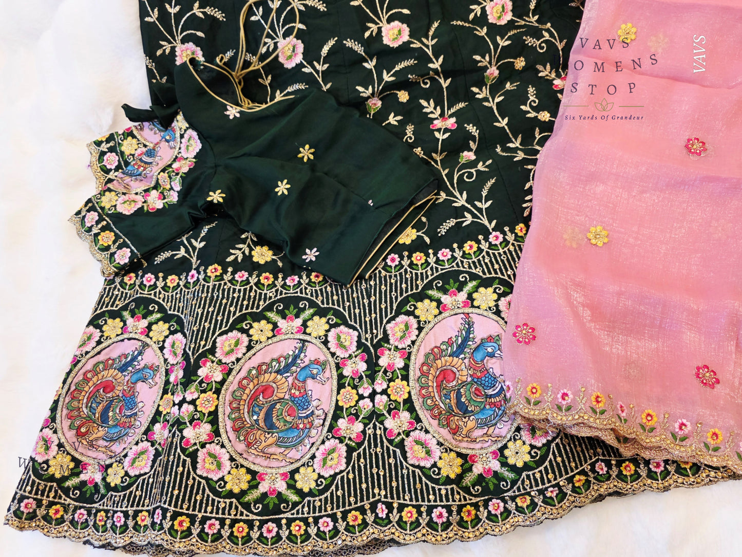 Bottle Green Shade Designer Heavy Embroidery Lehenga Set with Peacock Applique Work | Can-Can Lined | Suitable for Girls Ages 11+ Too