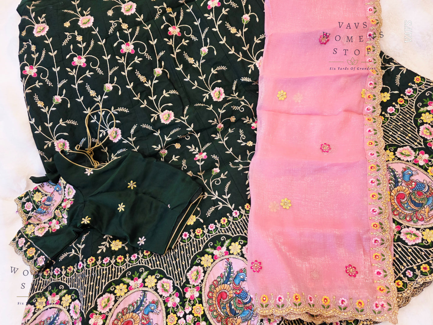 Bottle Green Shade Designer Heavy Embroidery Lehenga Set with Peacock Applique Work | Can-Can Lined | Suitable for Girls Ages 11+ Too