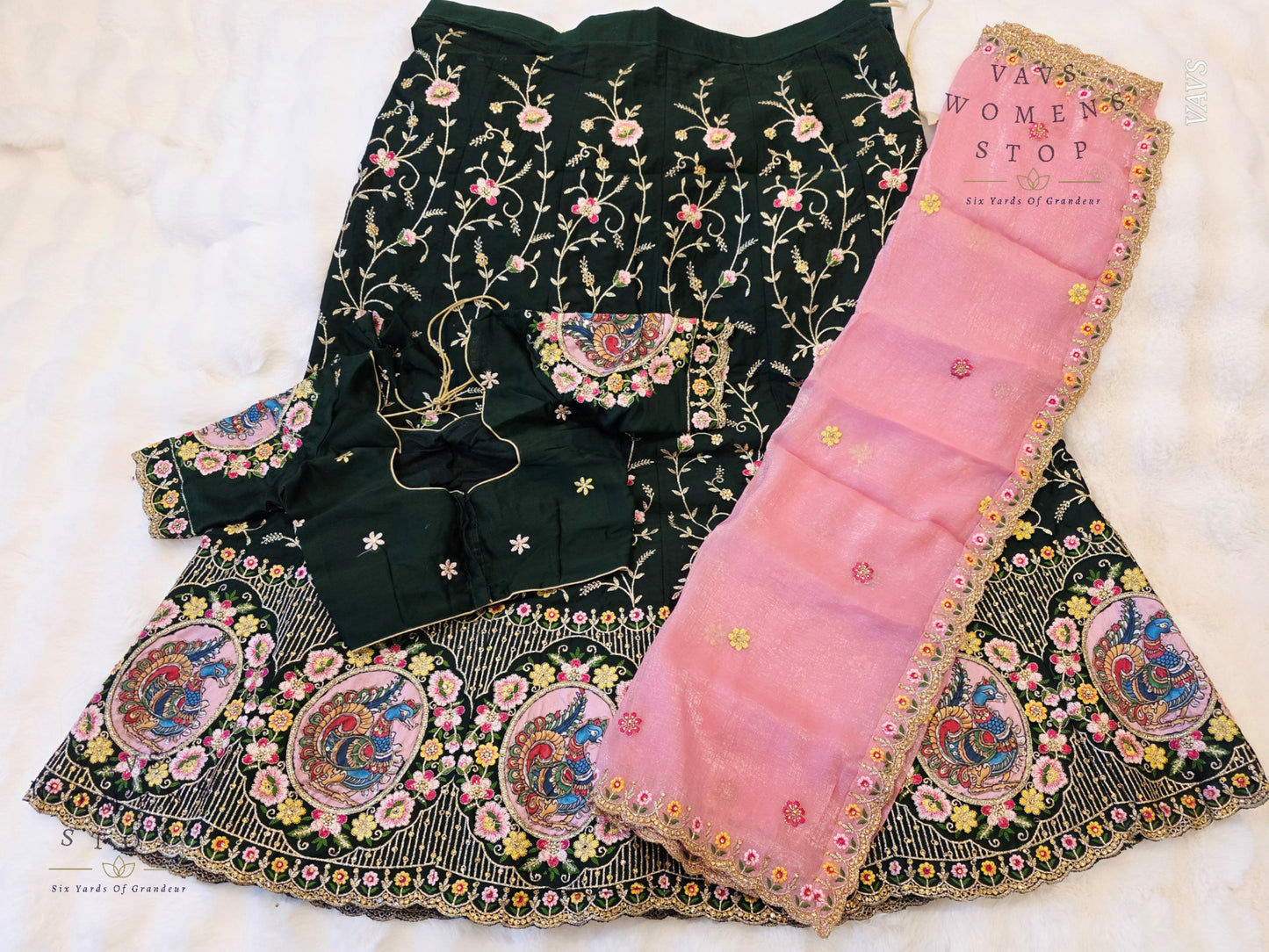 Bottle Green Shade Designer Heavy Embroidery Lehenga Set with Peacock Applique Work | Can-Can Lined | Suitable for Girls Ages 11+ Too