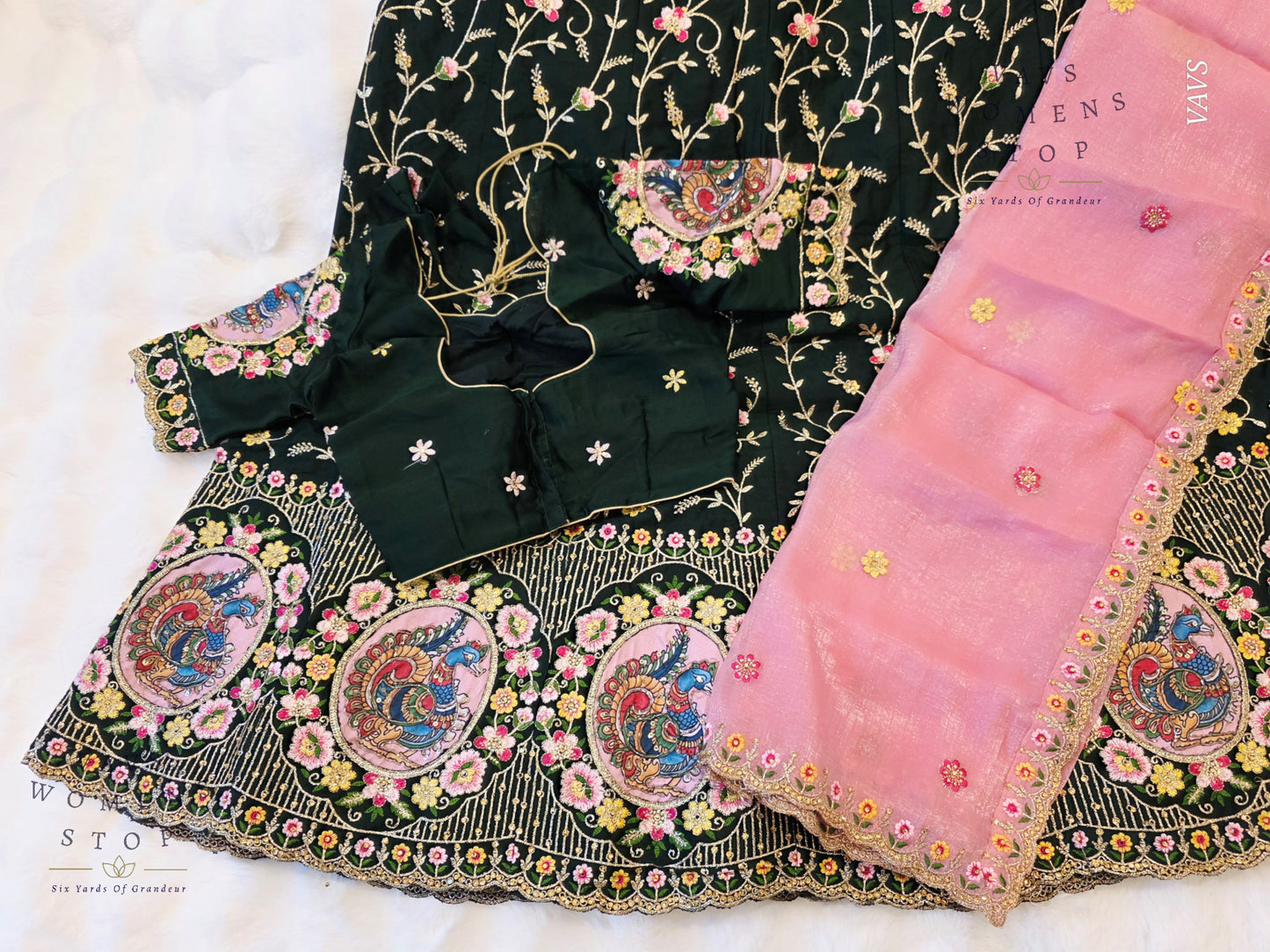 Bottle Green Shade Designer Heavy Embroidery Lehenga Set with Peacock Applique Work | Can-Can Lined | Suitable for Girls Ages 11+ Too