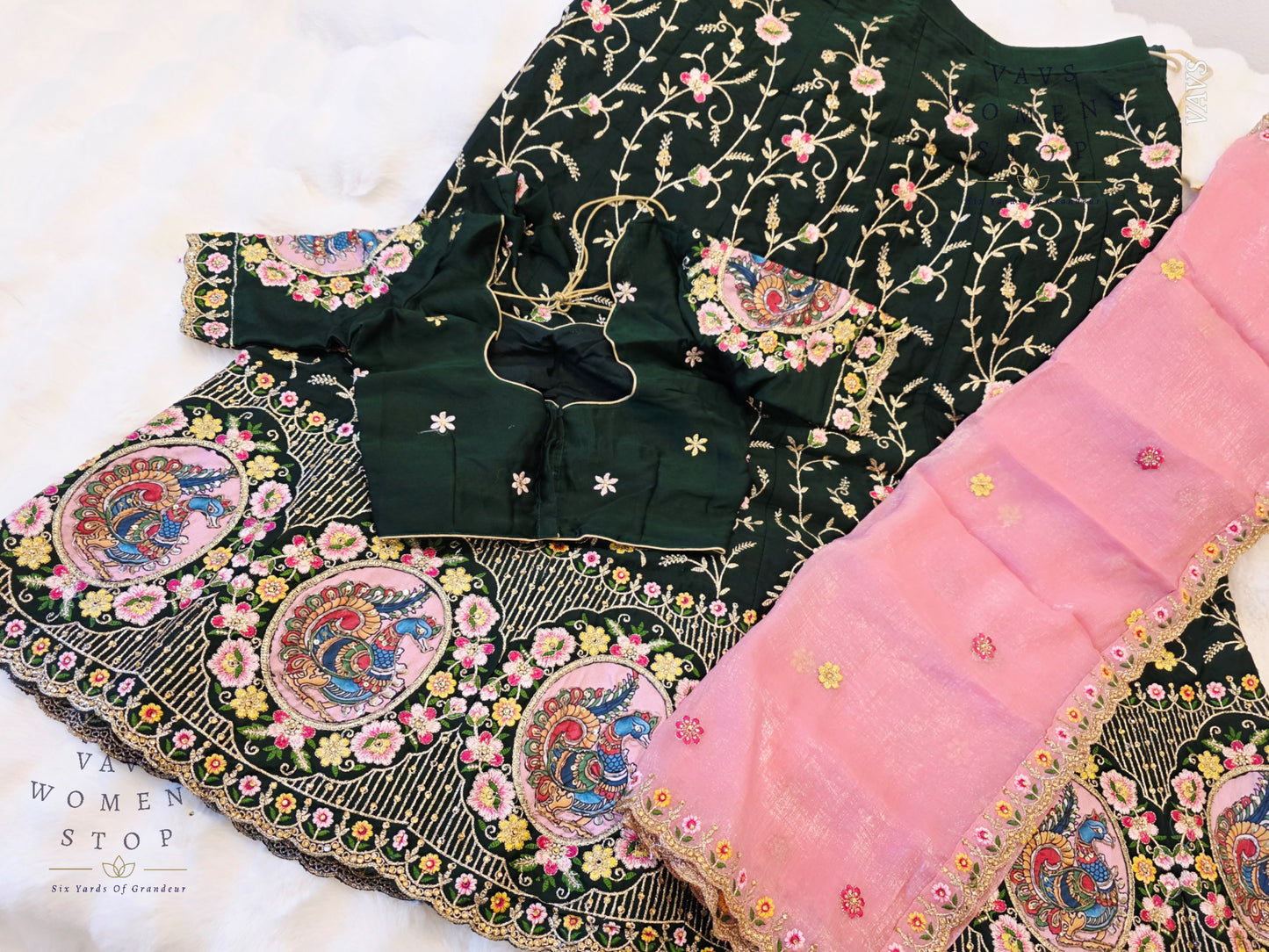 Bottle Green Shade Designer Heavy Embroidery Lehenga Set with Peacock Applique Work | Can-Can Lined | Suitable for Girls Ages 11+ Too