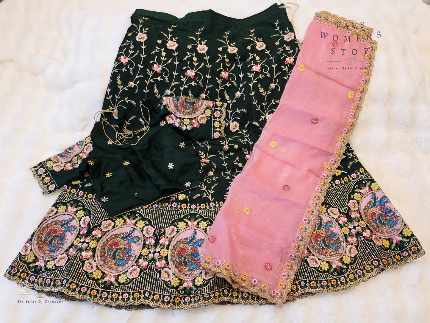 Bottle Green Shade Designer Heavy Embroidery Lehenga Set with Peacock Applique Work | Can-Can Lined | Suitable for Girls Ages 11+ Too