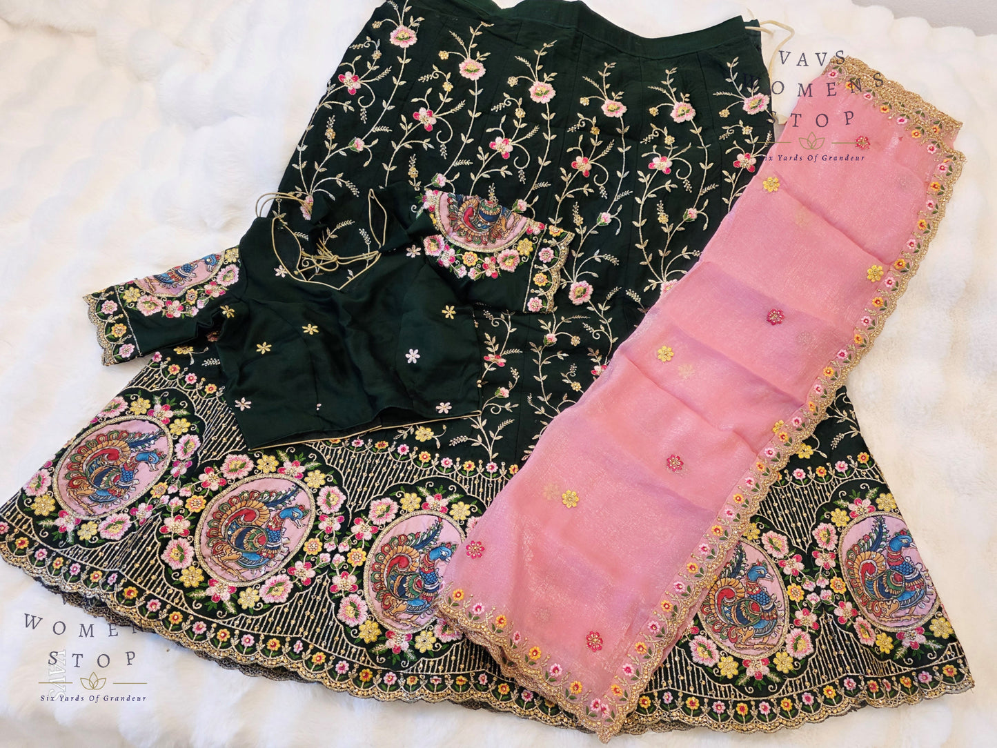 Bottle Green Shade Designer Heavy Embroidery Lehenga Set with Peacock Applique Work | Can-Can Lined | Suitable for Girls Ages 11+ Too