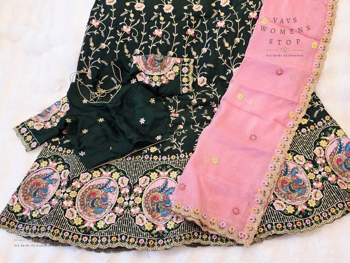 Bottle Green Shade Designer Heavy Embroidery Lehenga Set with Peacock Applique Work | Can-Can Lined | Suitable for Girls Ages 11+ Too