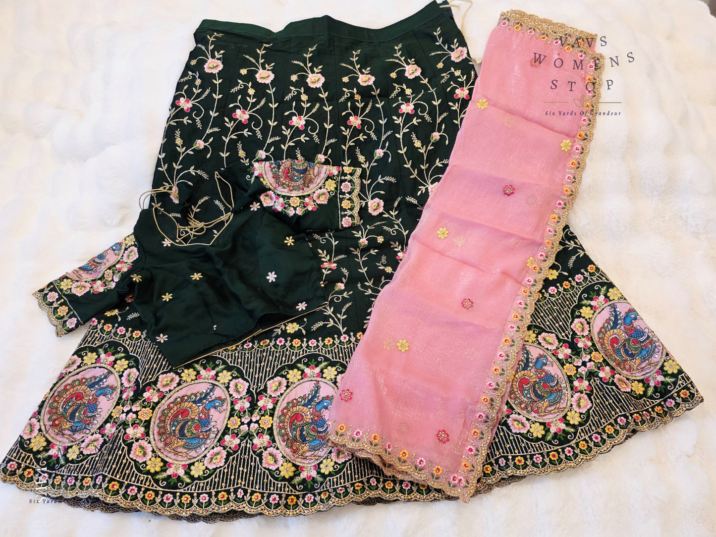 Bottle Green Shade Designer Heavy Embroidery Lehenga Set with Peacock Applique Work | Can-Can Lined | Suitable for Girls Ages 11+ Too