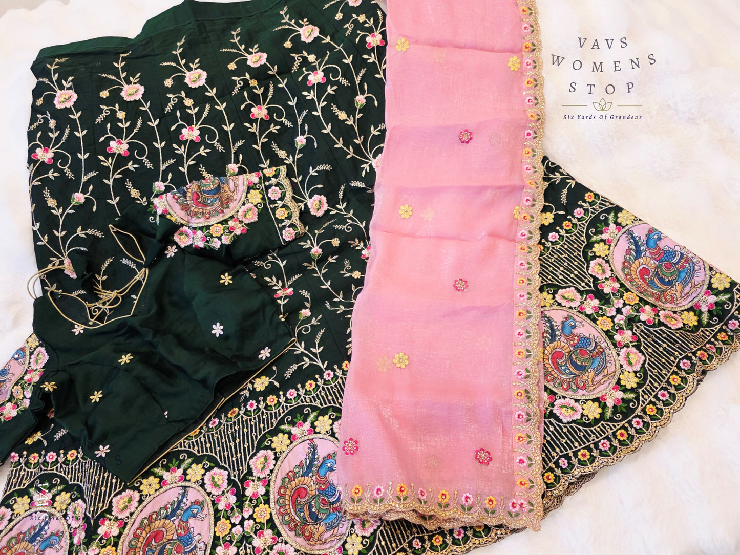 Bottle Green Shade Designer Heavy Embroidery Lehenga Set with Peacock Applique Work | Can-Can Lined | Suitable for Girls Ages 11+ Too