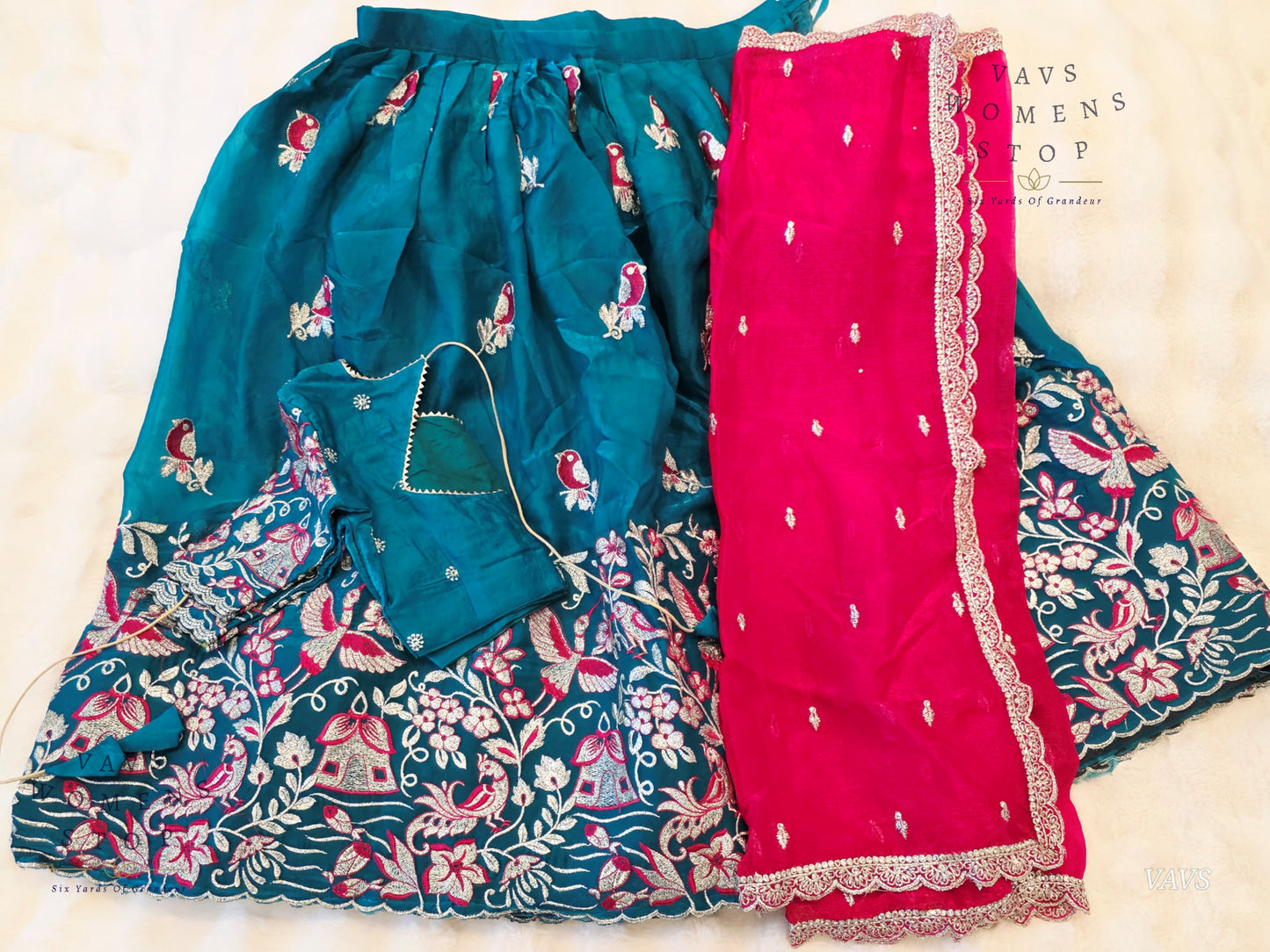 Designer Space Silk Lehenga Half Saree Set with Cute Birds Embroidery | Can-Can Lined | Suitable for Girls Ages 11+ Too