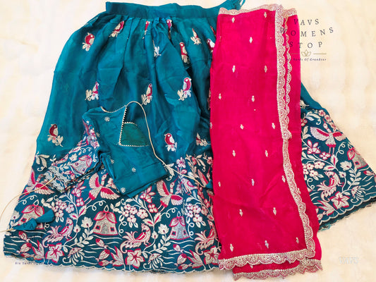 Designer Space Silk Lehenga Half Saree Set with Cute Birds Embroidery | Can-Can Lined | Suitable for Girls Ages 11+ Too