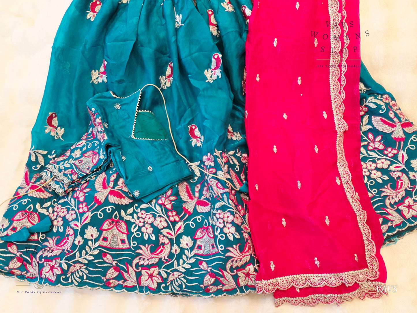 Designer Space Silk Lehenga Half Saree Set with Cute Birds Embroidery | Can-Can Lined | Suitable for Girls Ages 11+ Too