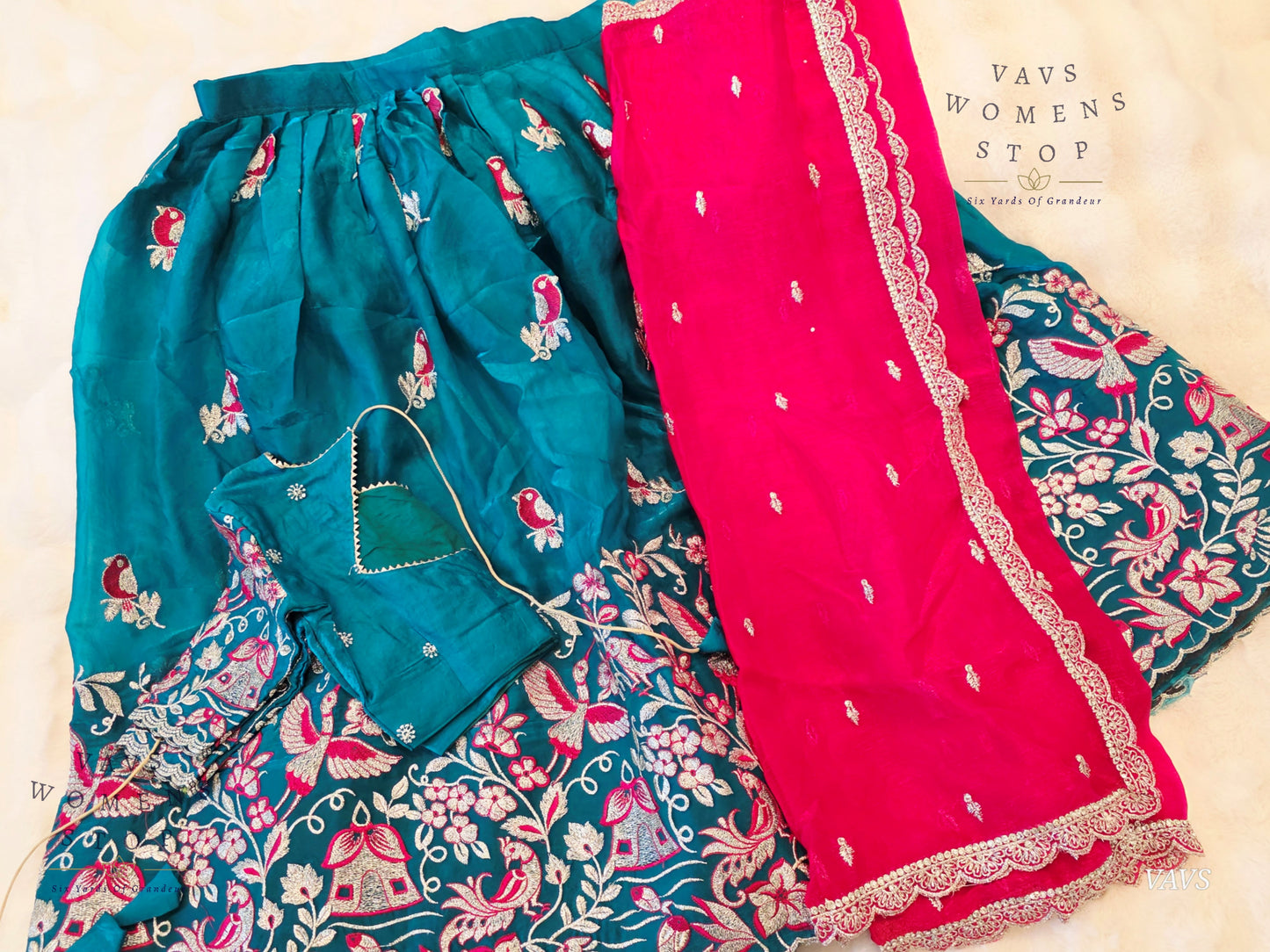 Designer Space Silk Lehenga Half Saree Set with Cute Birds Embroidery | Can-Can Lined | Suitable for Girls Ages 11+ Too