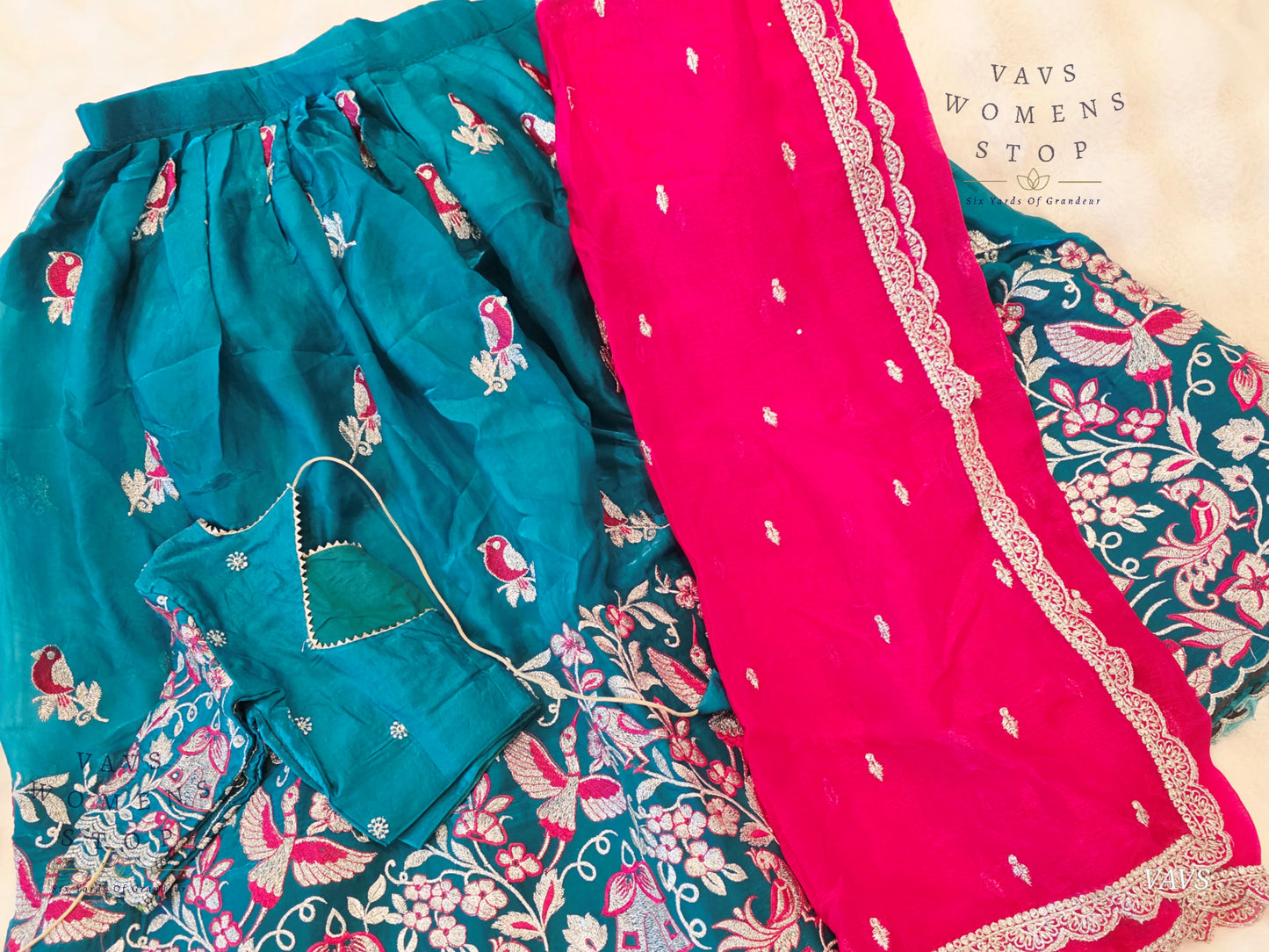 Designer Space Silk Lehenga Half Saree Set with Cute Birds Embroidery | Can-Can Lined | Suitable for Girls Ages 11+ Too