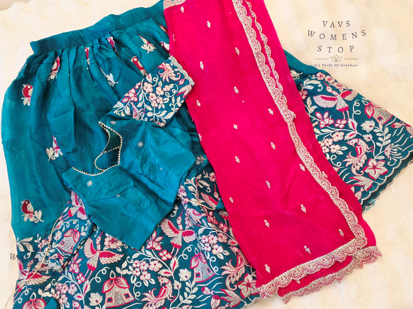 Designer Space Silk Lehenga Half Saree Set with Cute Birds Embroidery | Can-Can Lined | Suitable for Girls Ages 11+ Too