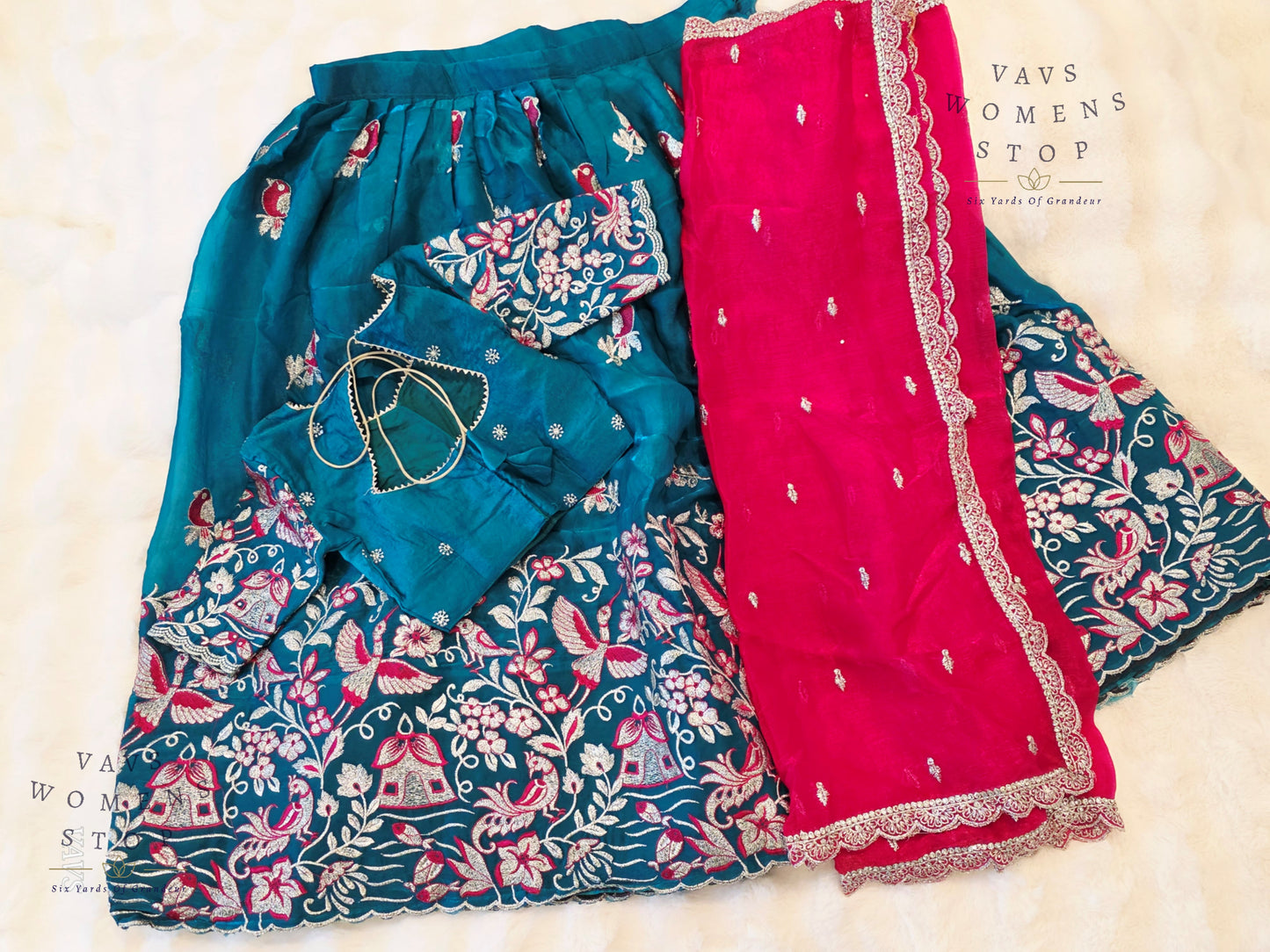 Designer Space Silk Lehenga Half Saree Set with Cute Birds Embroidery | Can-Can Lined | Suitable for Girls Ages 11+ Too