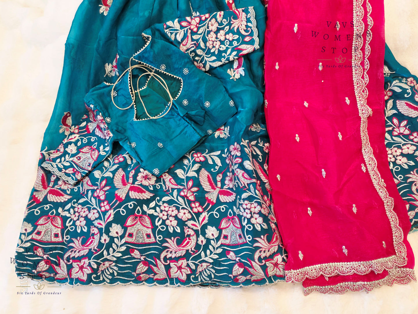 Designer Space Silk Lehenga Half Saree Set with Cute Birds Embroidery | Can-Can Lined | Suitable for Girls Ages 11+ Too