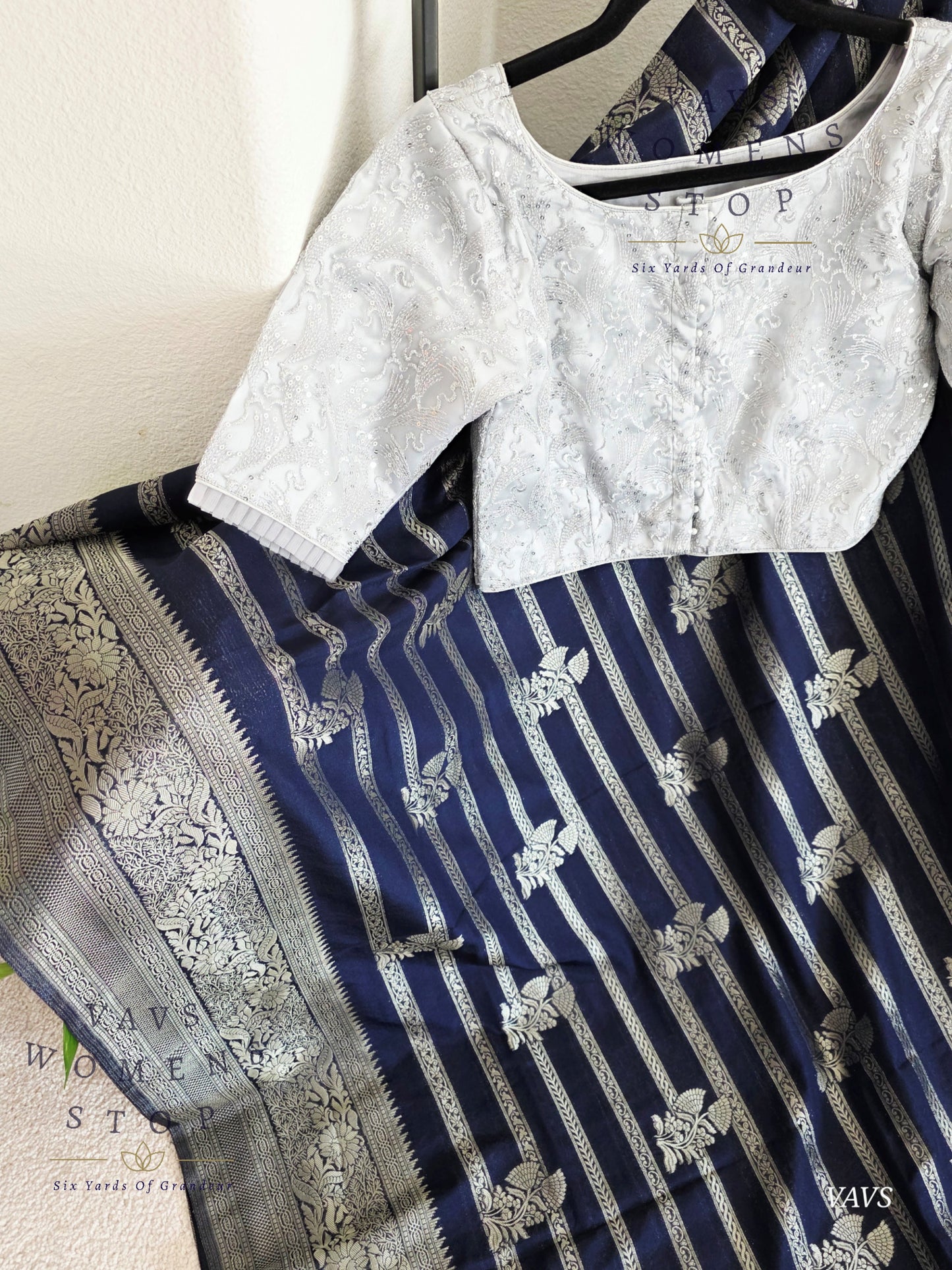 Semi Crepe Benarasi Silk Saree - Silver Net Designer Blouse