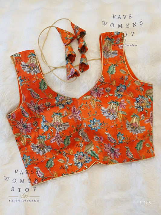 Orange Shade Floral Outline Embroidery Tissue Sleeveless Stitched Blouse