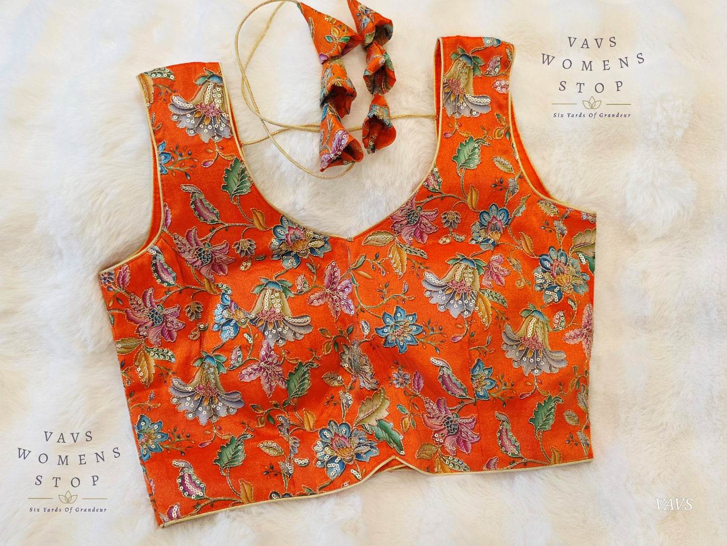 Orange Shade Floral Outline Embroidery Tissue Sleeveless Stitched Blouse