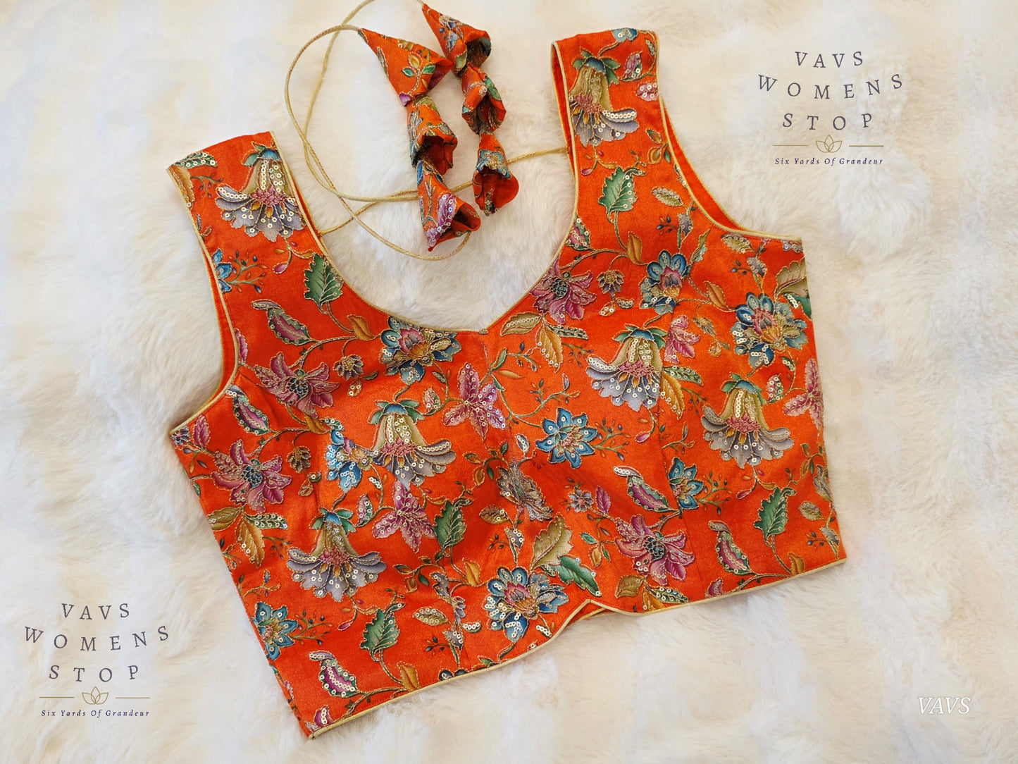 Orange Shade Floral Outline Embroidery Tissue Sleeveless Stitched Blouse