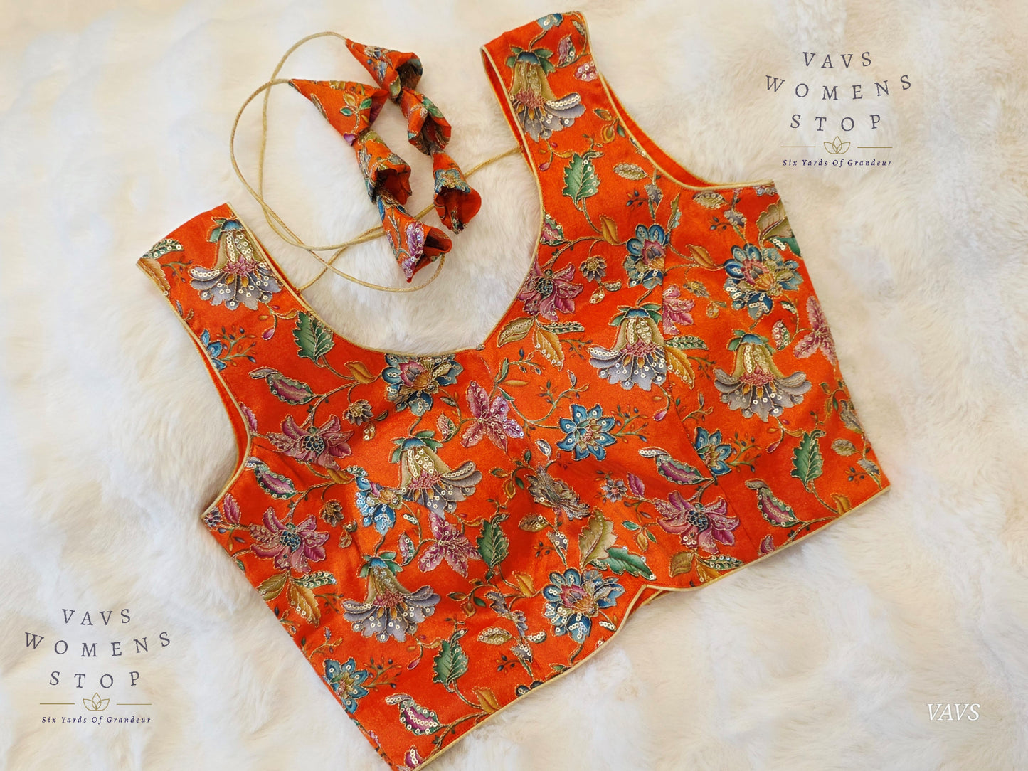 Orange Shade Floral Outline Embroidery Tissue Sleeveless Stitched Blouse