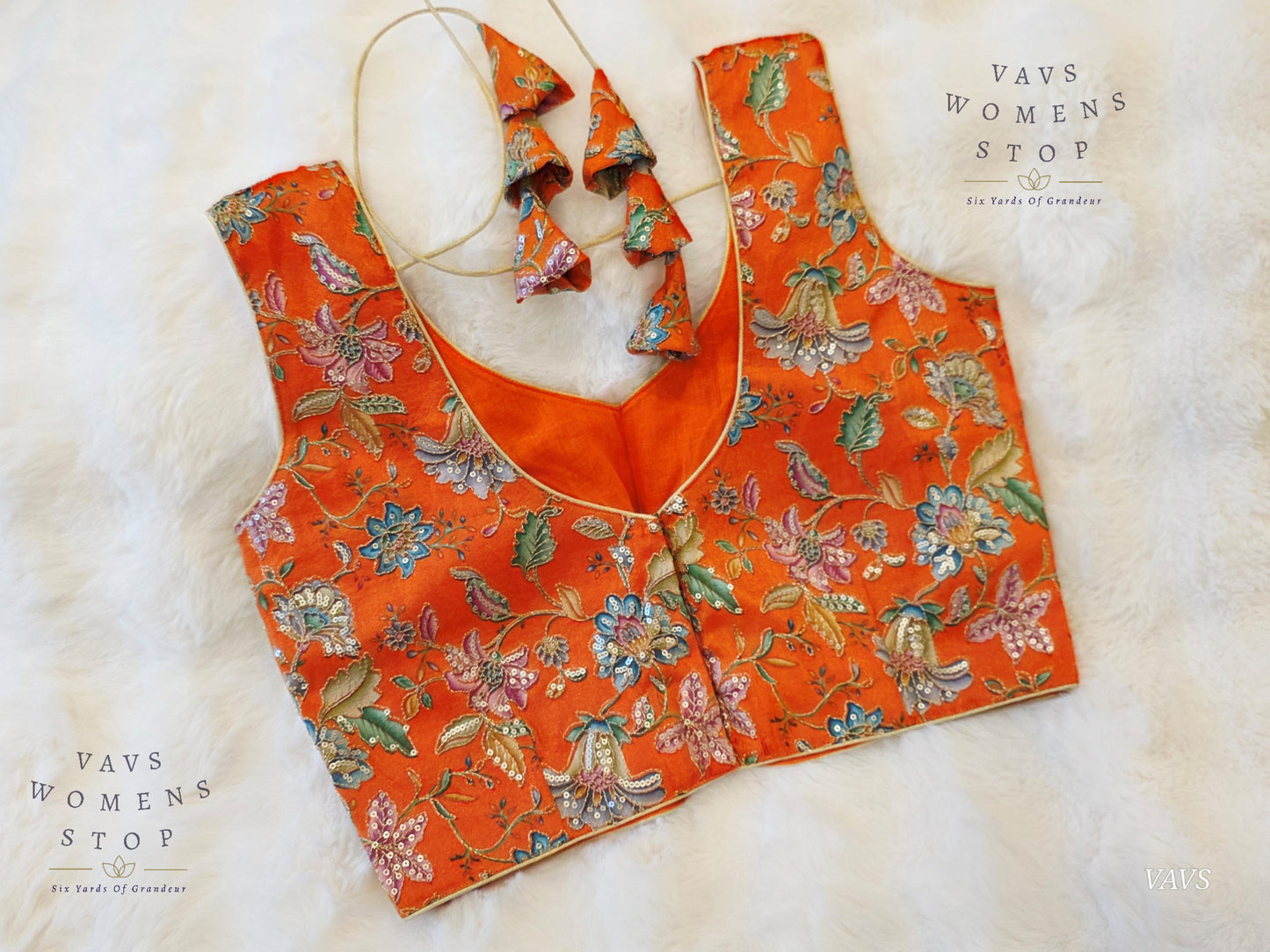 Orange Shade Floral Outline Embroidery Tissue Sleeveless Stitched Blouse