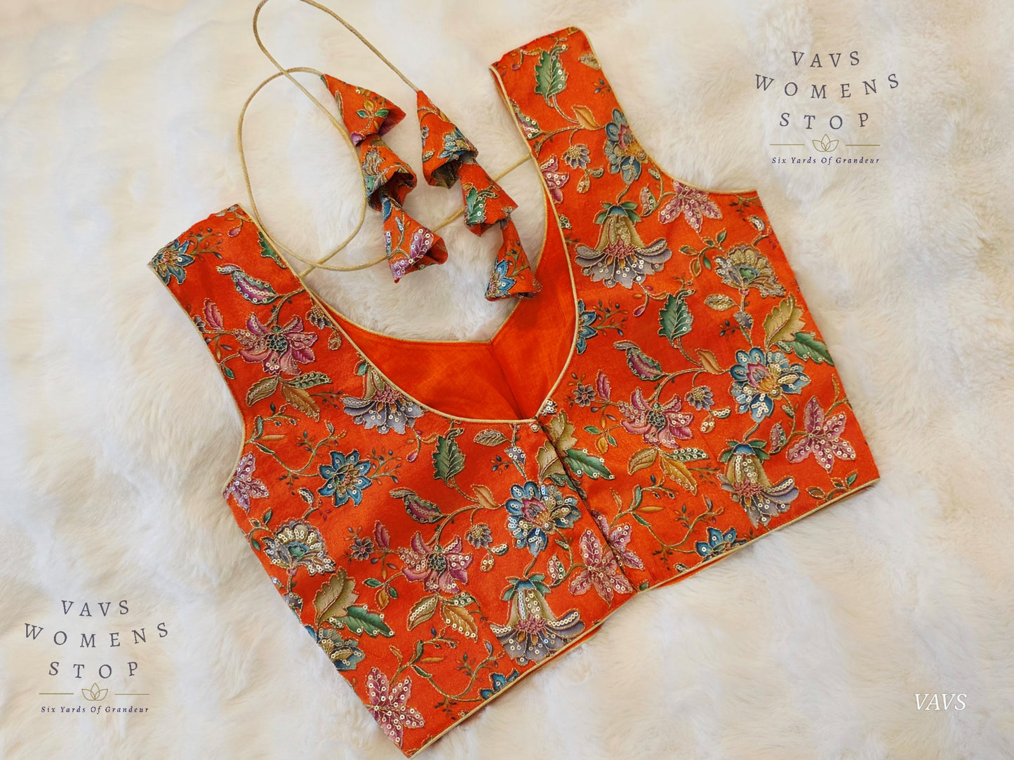 Orange Shade Floral Outline Embroidery Tissue Sleeveless Stitched Blouse