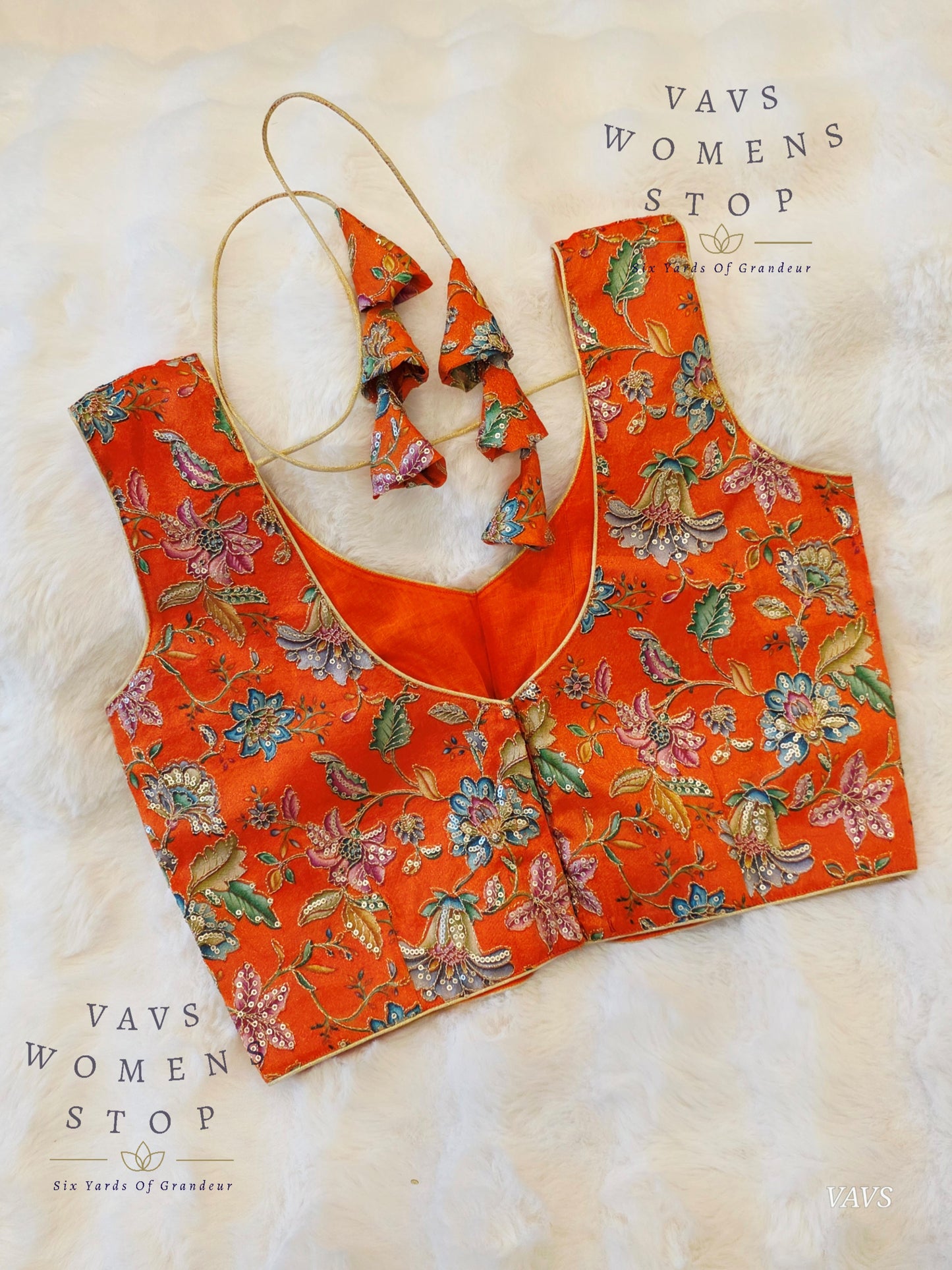 Orange Shade Floral Outline Embroidery Tissue Sleeveless Stitched Blouse