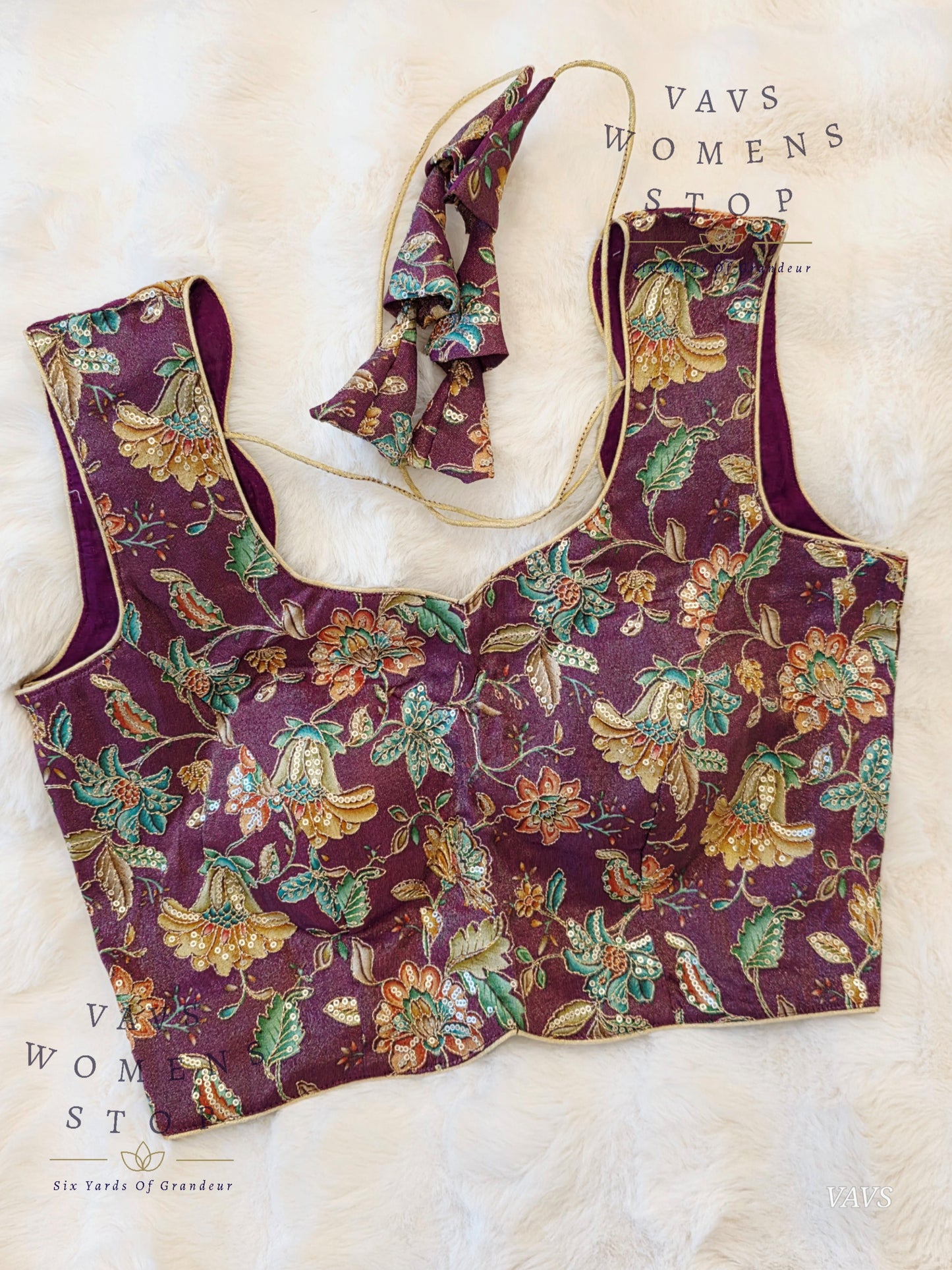 Wine Shade Floral Outline Embroidery Tissue Sleeveless Stitched Blouse