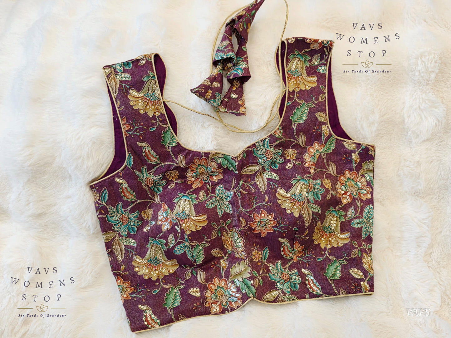 Wine Shade Floral Outline Embroidery Tissue Sleeveless Stitched Blouse