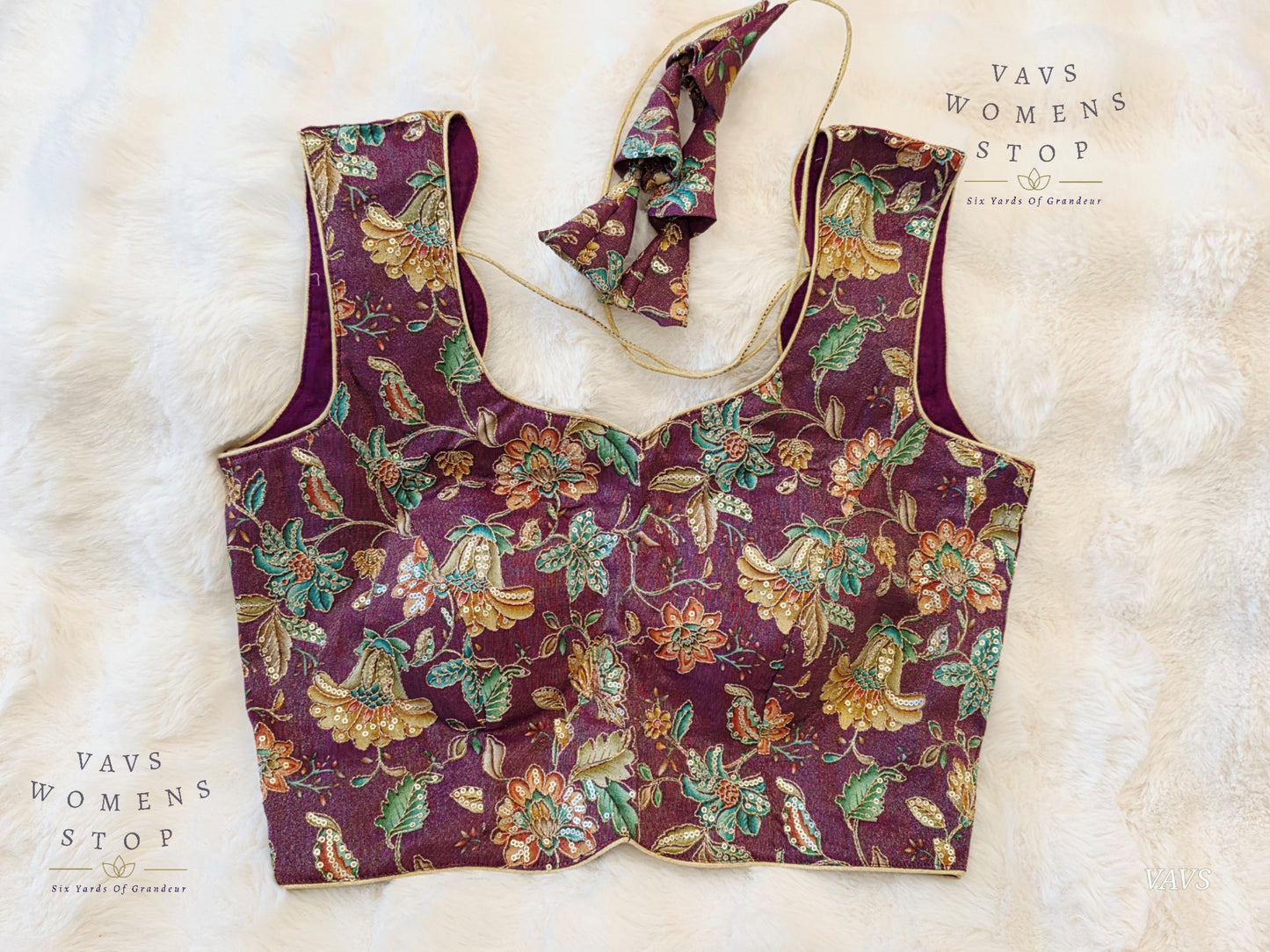 Wine Shade Floral Outline Embroidery Tissue Sleeveless Stitched Blouse