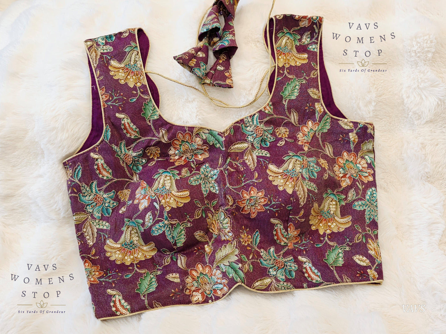 Wine Shade Floral Outline Embroidery Tissue Sleeveless Stitched Blouse