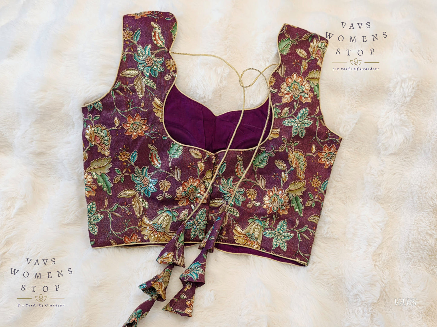 Wine Shade Floral Outline Embroidery Tissue Sleeveless Stitched Blouse