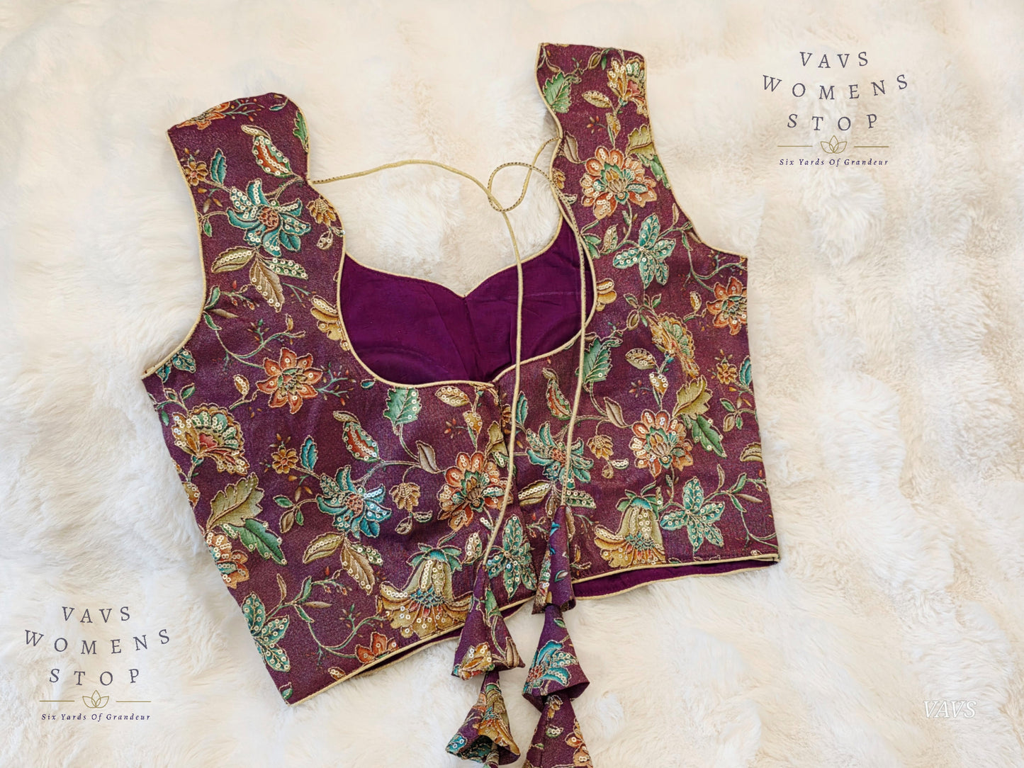 Wine Shade Floral Outline Embroidery Tissue Sleeveless Stitched Blouse