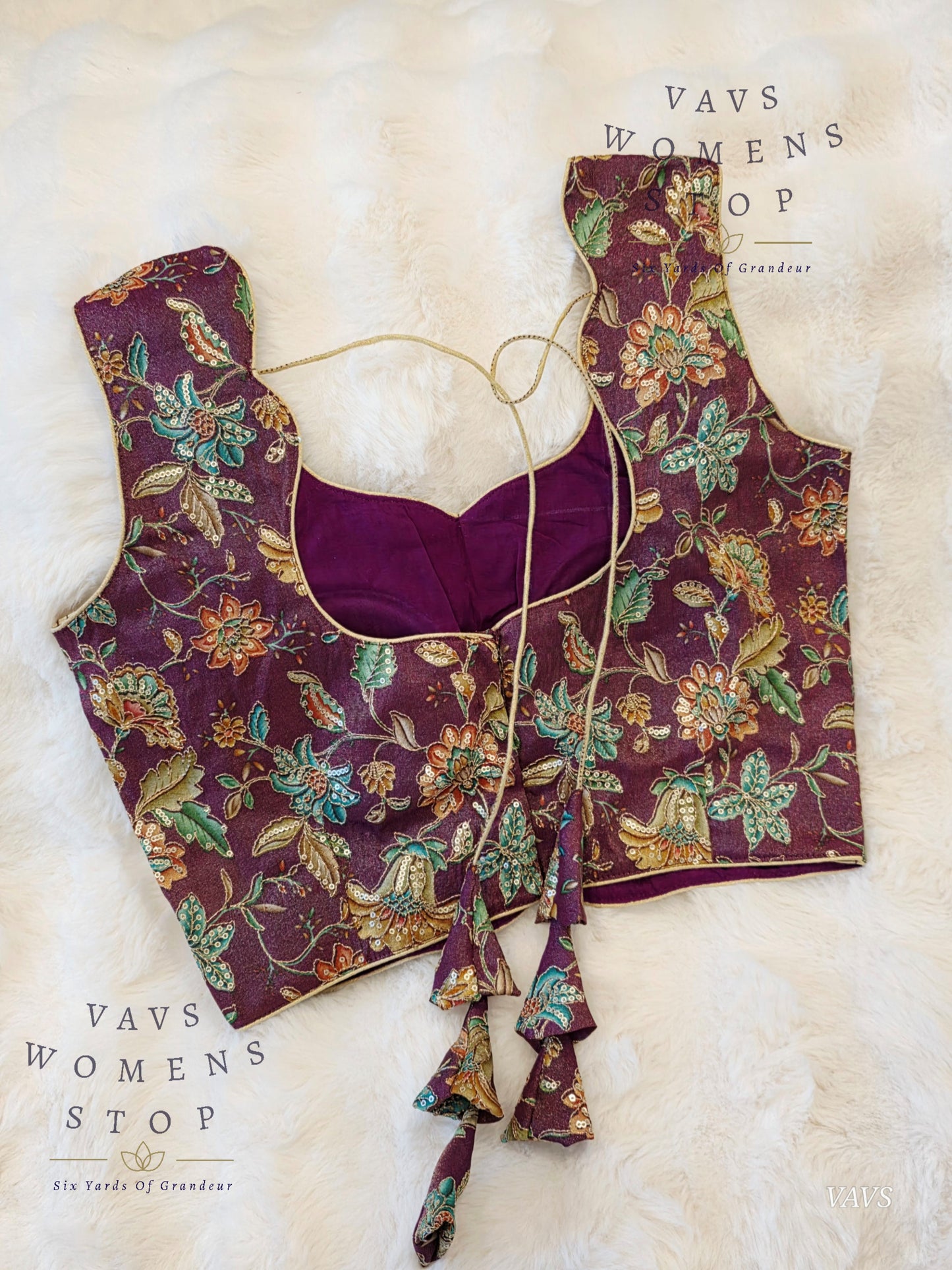 Wine Shade Floral Outline Embroidery Tissue Sleeveless Stitched Blouse