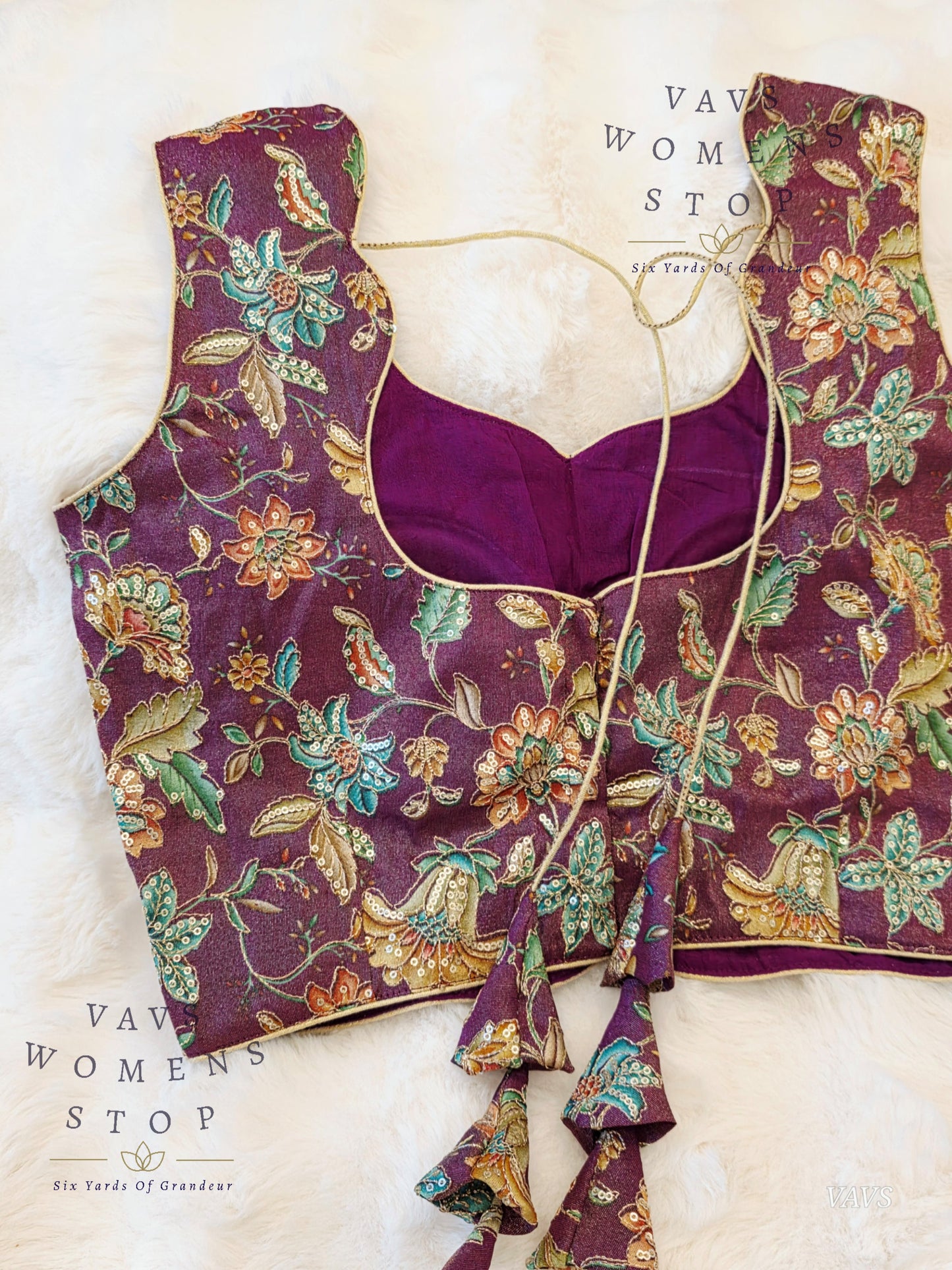 Wine Shade Floral Outline Embroidery Tissue Sleeveless Stitched Blouse