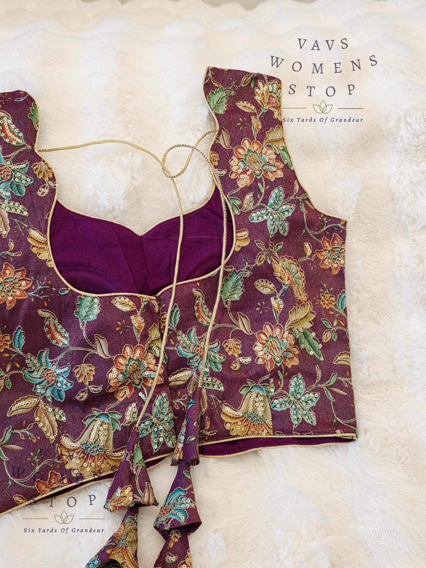 Wine Shade Floral Outline Embroidery Tissue Sleeveless Stitched Blouse