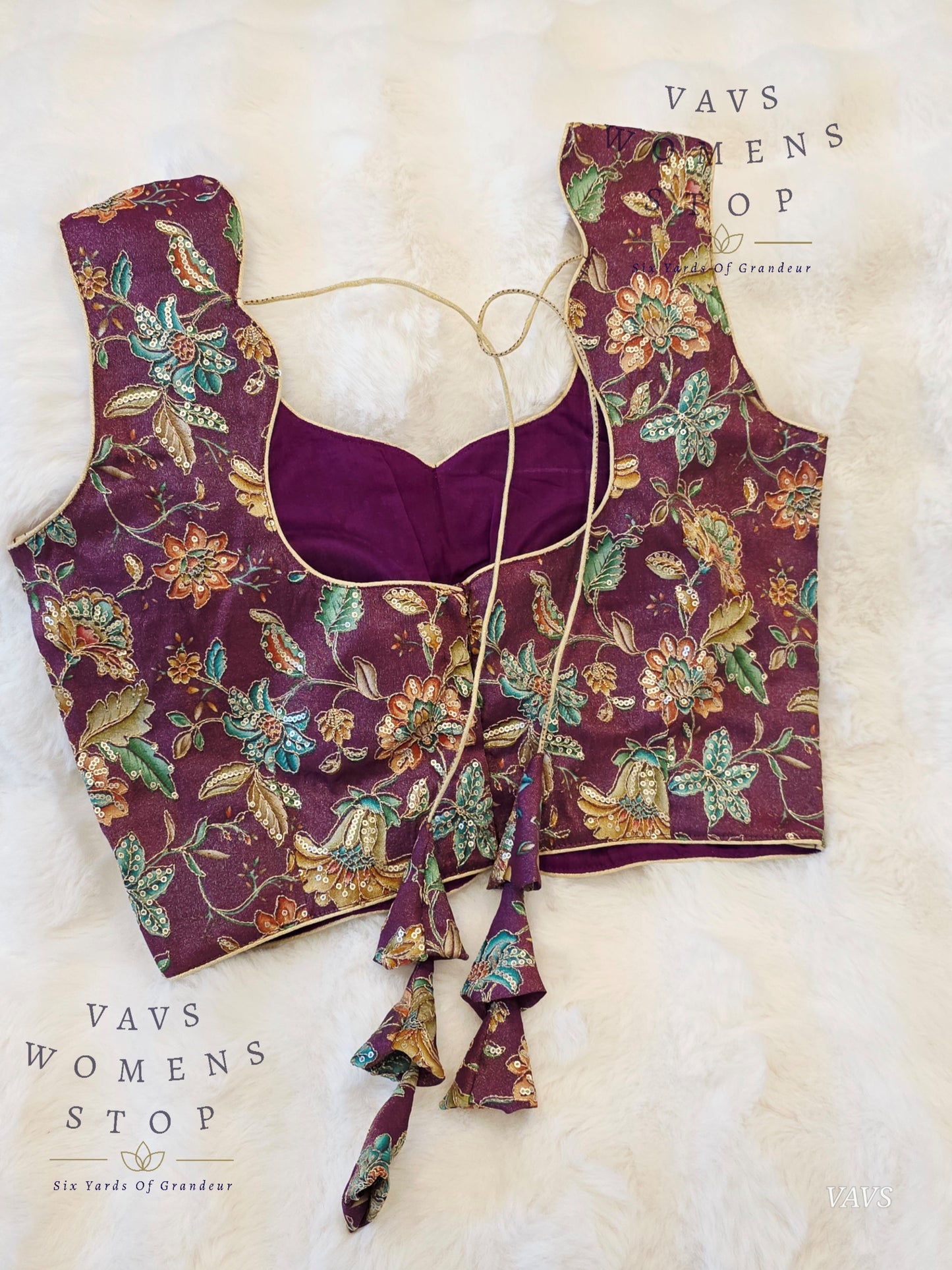 Wine Shade Floral Outline Embroidery Tissue Sleeveless Stitched Blouse