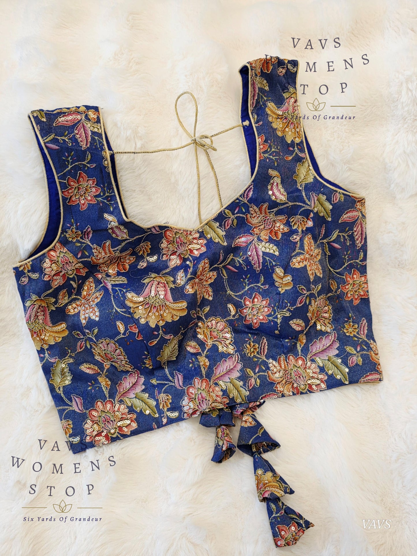 Blue Shade Floral Outline Embroidery Tissue Sleeveless Stitched Blouse