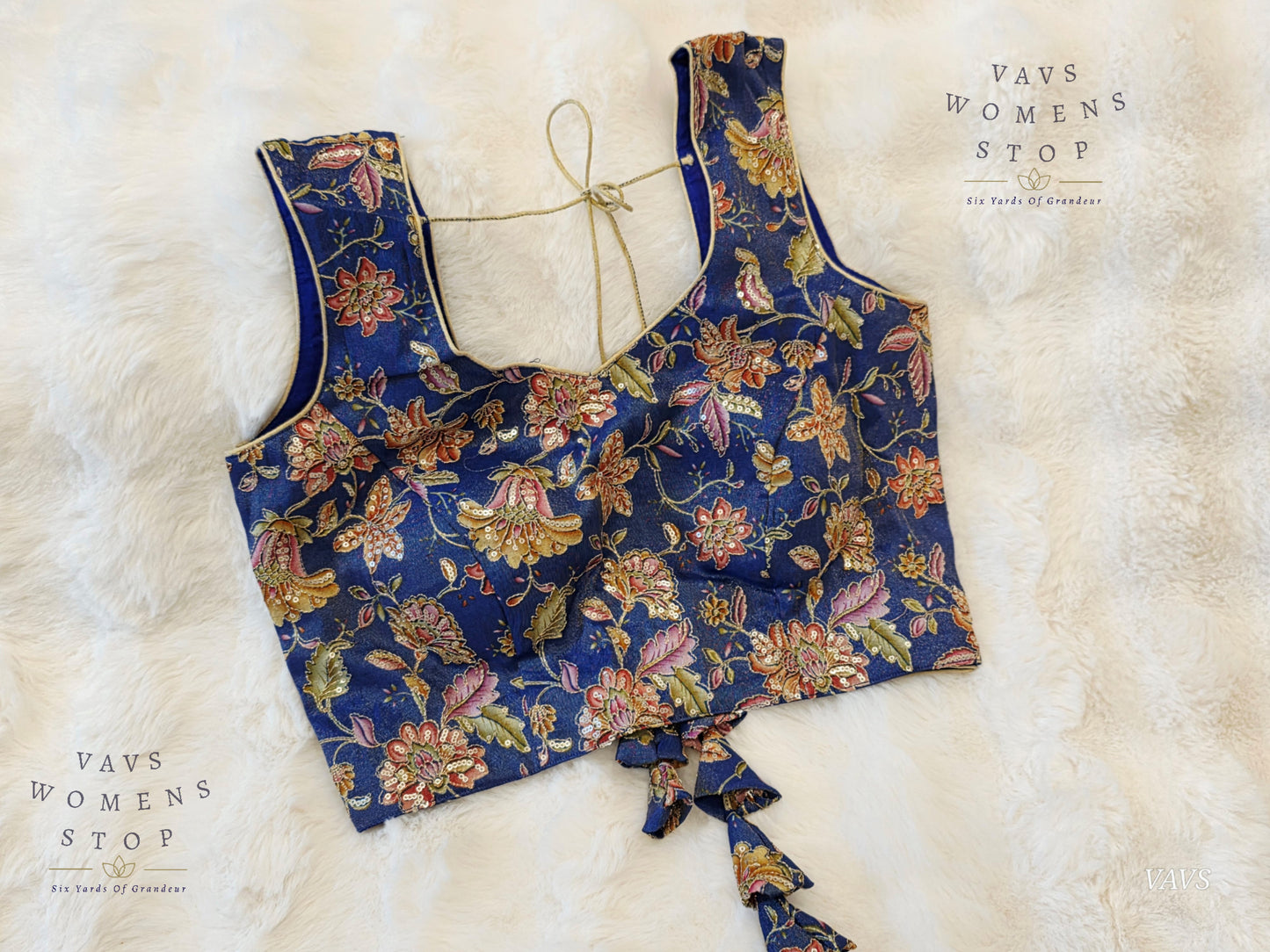 Blue Shade Floral Outline Embroidery Tissue Sleeveless Stitched Blouse